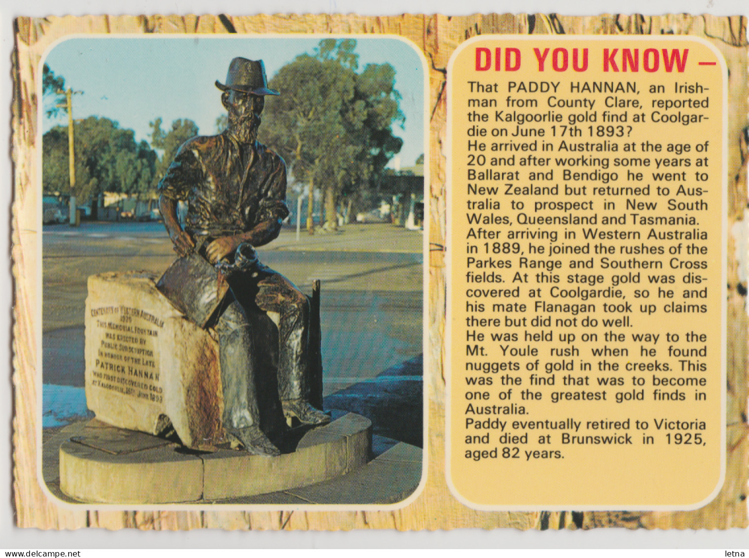 WESTERN AUSTRALIA WA Paddy Hannan Memorial Statue KALGOORLIE Murray Views K81 Postcard C1980 - Kalgoorlie / Coolgardie