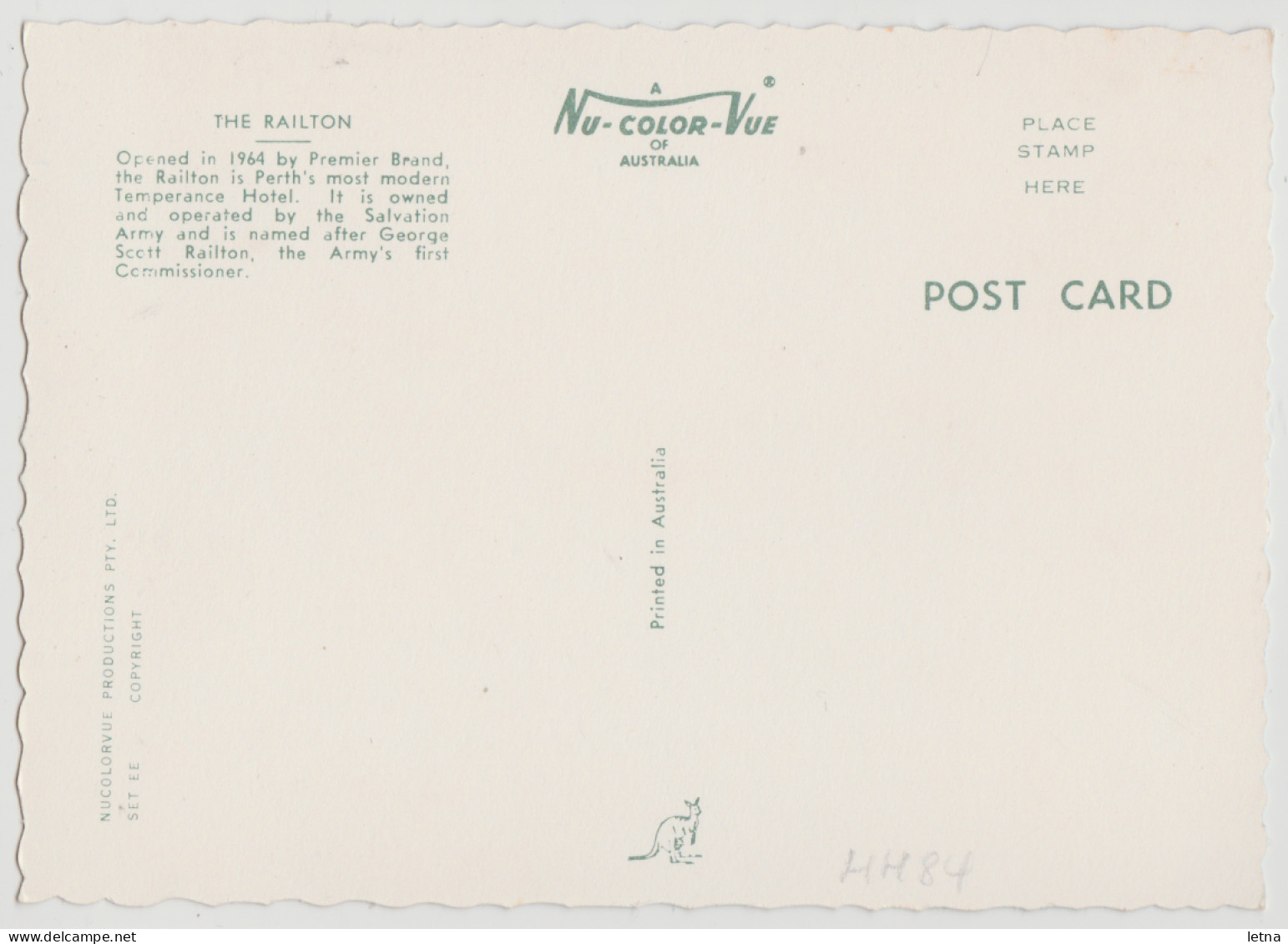 WESTERN AUSTRALIA WA Salvation Army Railton Hotel PERTH Nucolorvue Set EE Postcard C1960s - Perth
