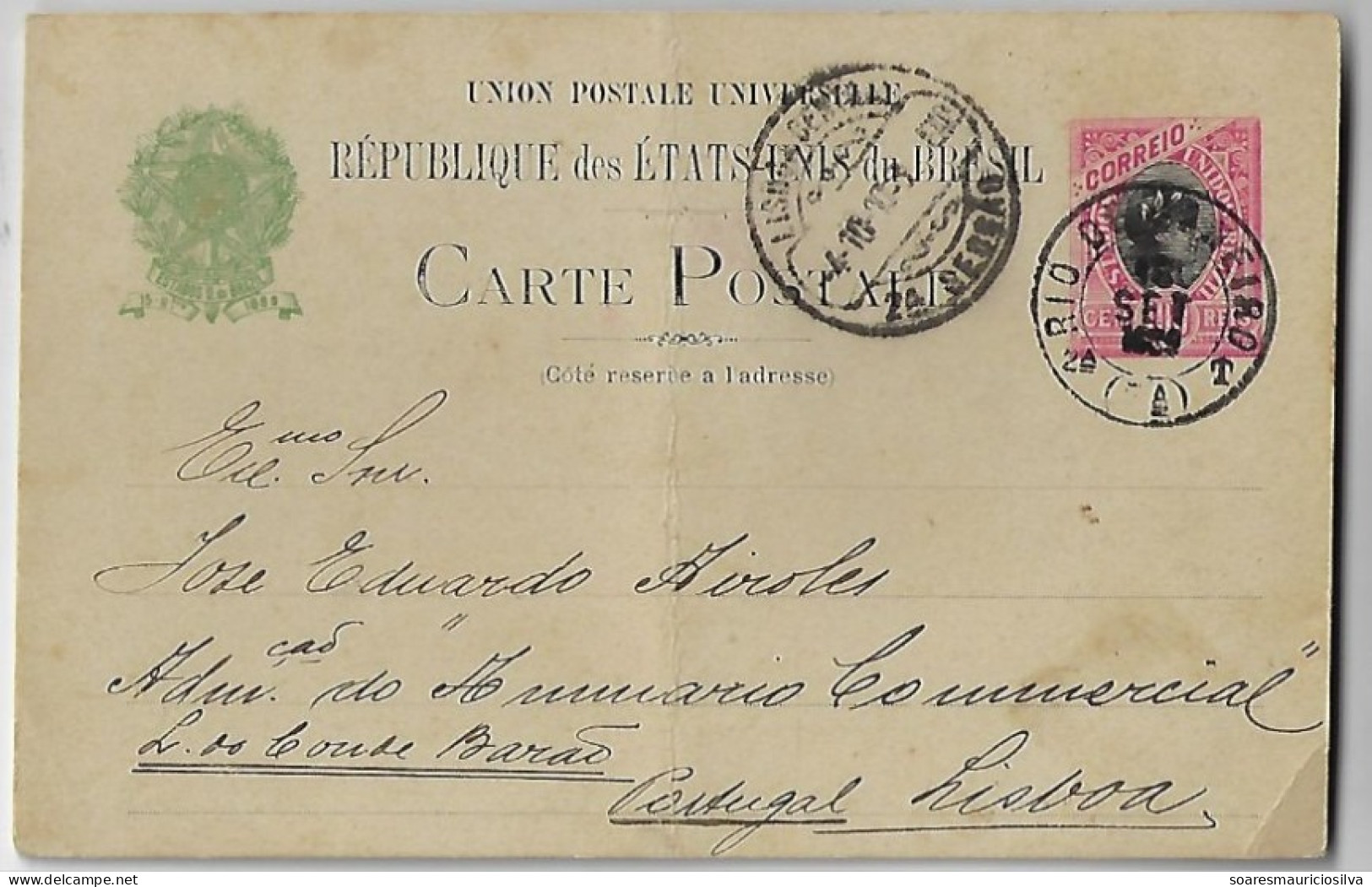 Brazil 1900 Postal Stationery Card To Portugal 6 Mm Line Spacing On The Back & Without Accent On The 2 "es" Of "réservé" - Postal Stationery