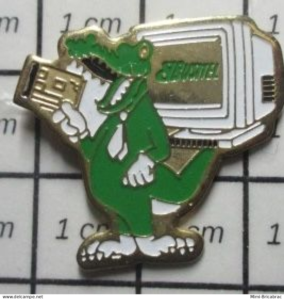 718B  Pin's Pins / Beau Et Rare / INFORMATIQUE / BUSITEL CROCODILE VERT DEVANT UN MINITEL - Informatique