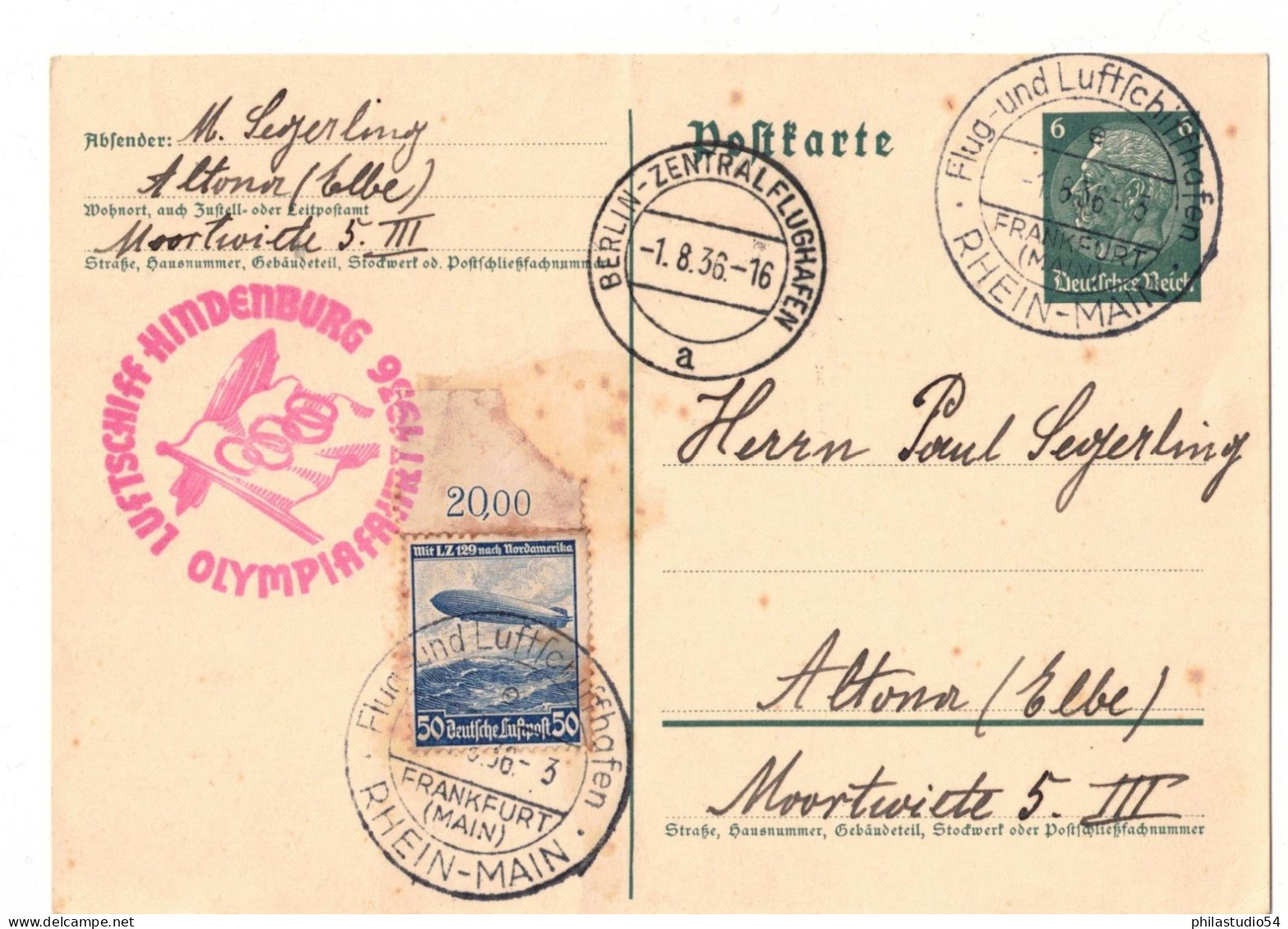 1936, Zepppelin LZ129, Olympiafahrt Karte - Zomer 1936: Berlijn