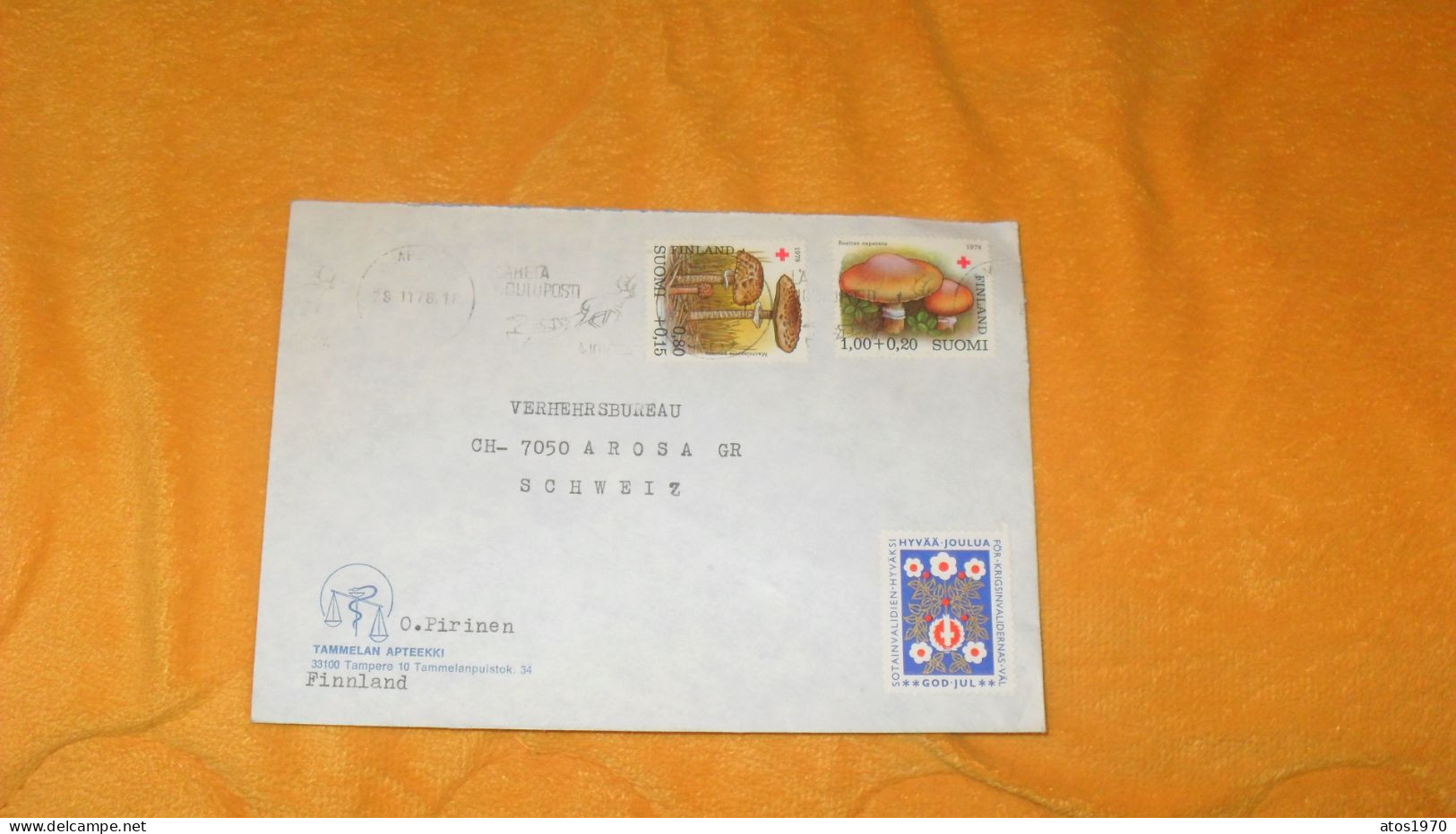 ENVELOPPE DE 1978../ O. PIRINEN..TAMMELAN APTEEKKI FINLANDE...POUR AROSA SUISSE..+ TIMBRES X3 - Covers & Documents