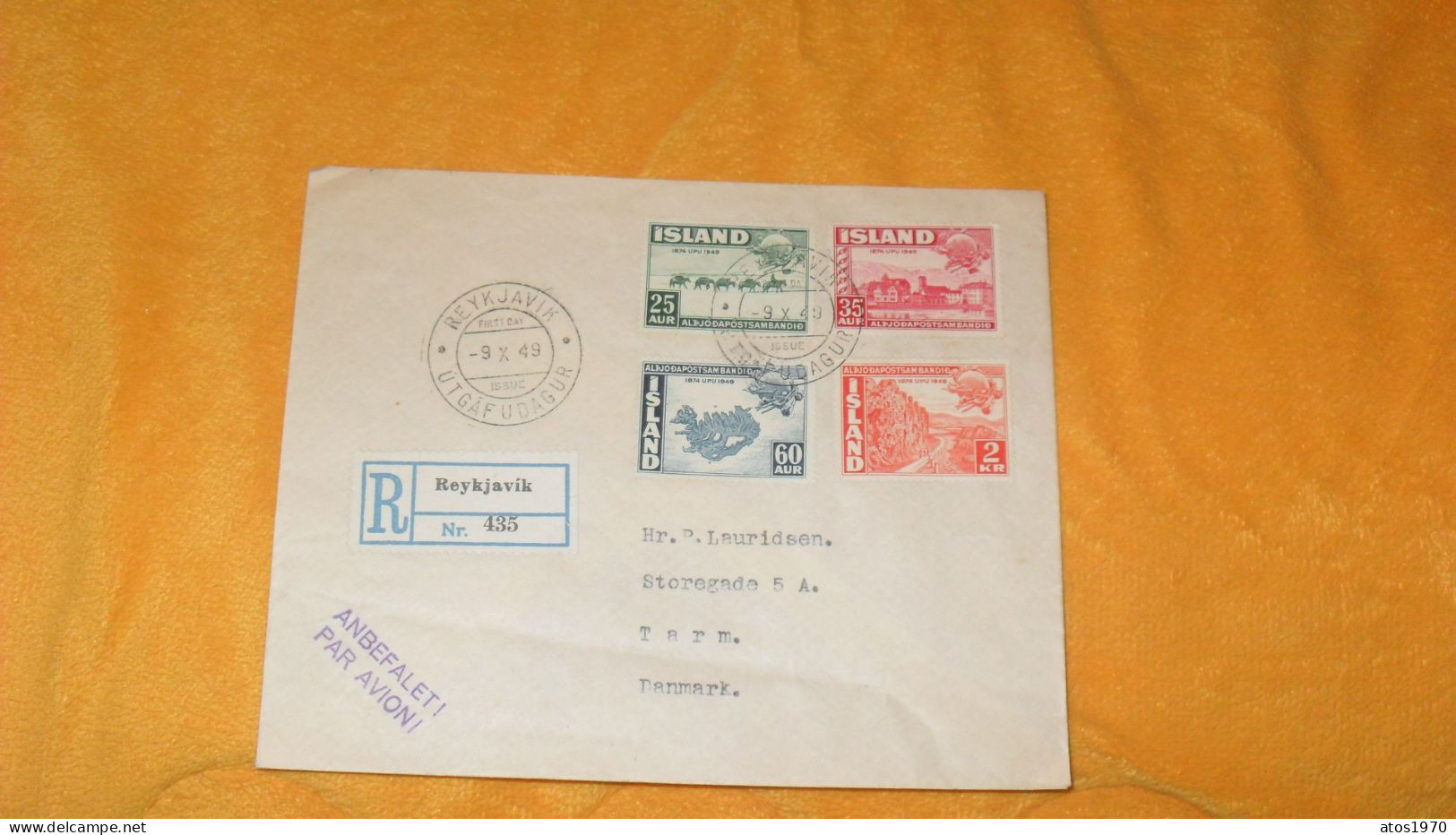 ENVELOPPE ANCIENNE DE 1949../ RECOMMANDE R N°435 REYKJAVIK ISLANDE POURV TARM DANEMARK CACHETS + TIMBRES X4 - Cartas & Documentos