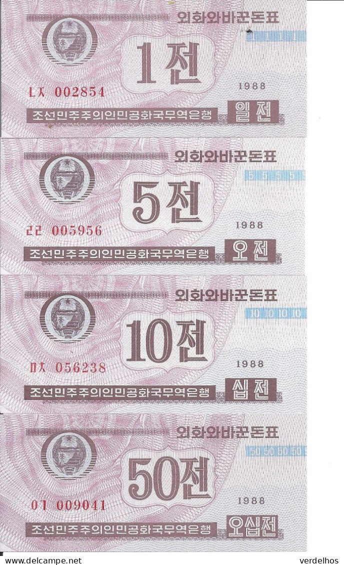 COREE DU NORD 1-5-10-50 CHON 1988(1995) UNC P  BFX417-18-19-20 ( 4 Billets ) - Korea (Nord-)