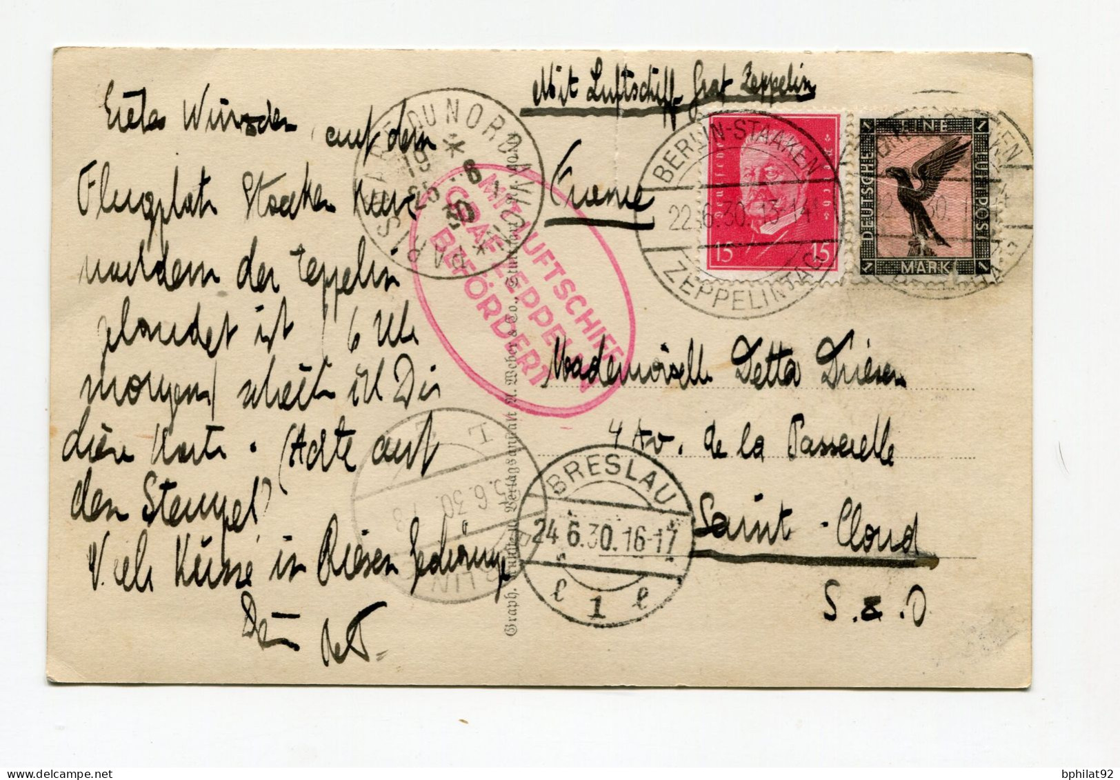 !!! ALLEMAGNE, CARTE DE BERLIN DE 1930 POUR LA FRANCE, PAR ZEPPELIN - Airmail & Zeppelin