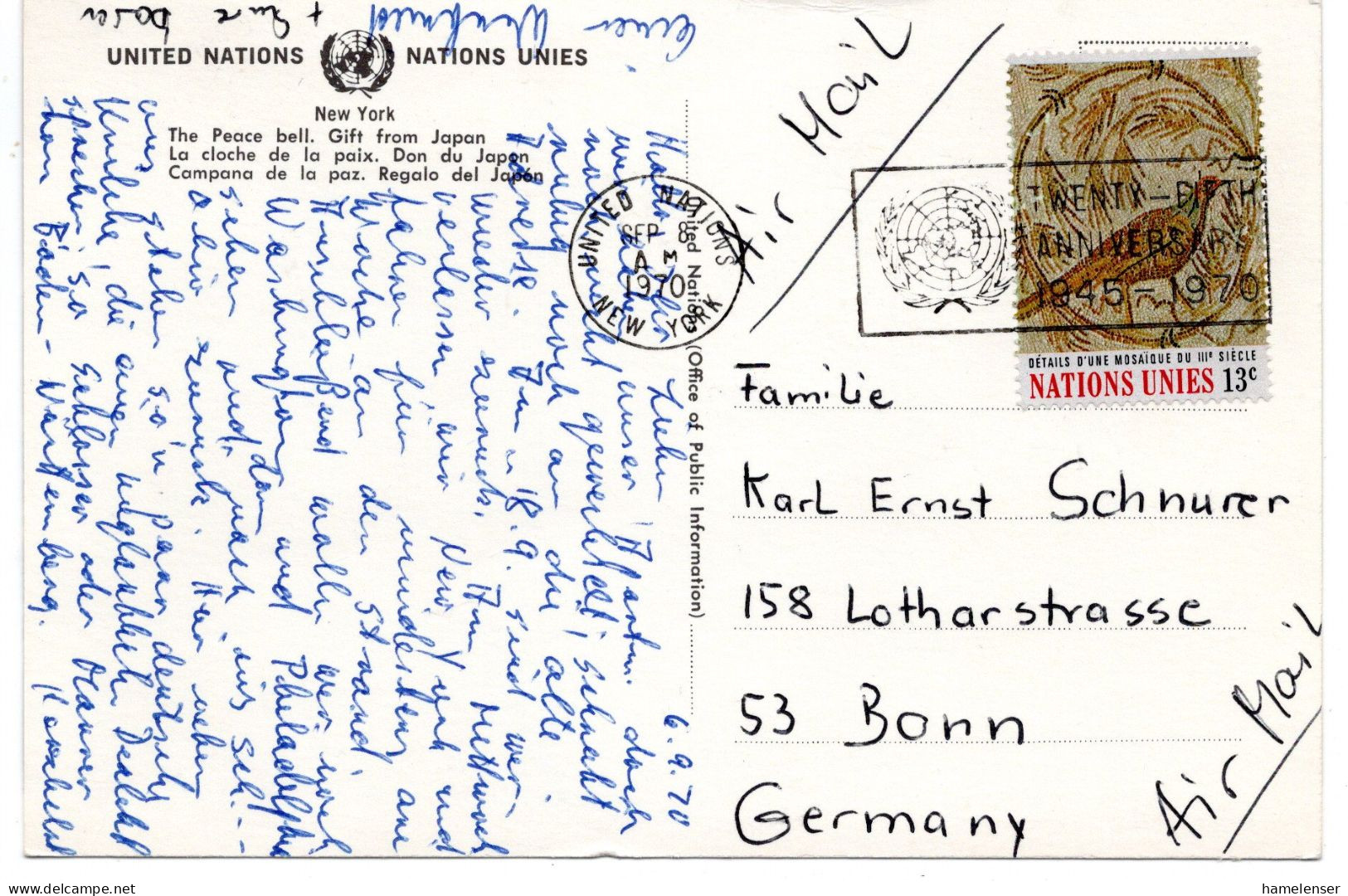 62663 - UNO New York - 1970 - 13¢ Mosaik EF A LpAnsKte NEW YORK - TWENTY-FIFTH ANNIVERSARY -> Westdeutschland - Storia Postale