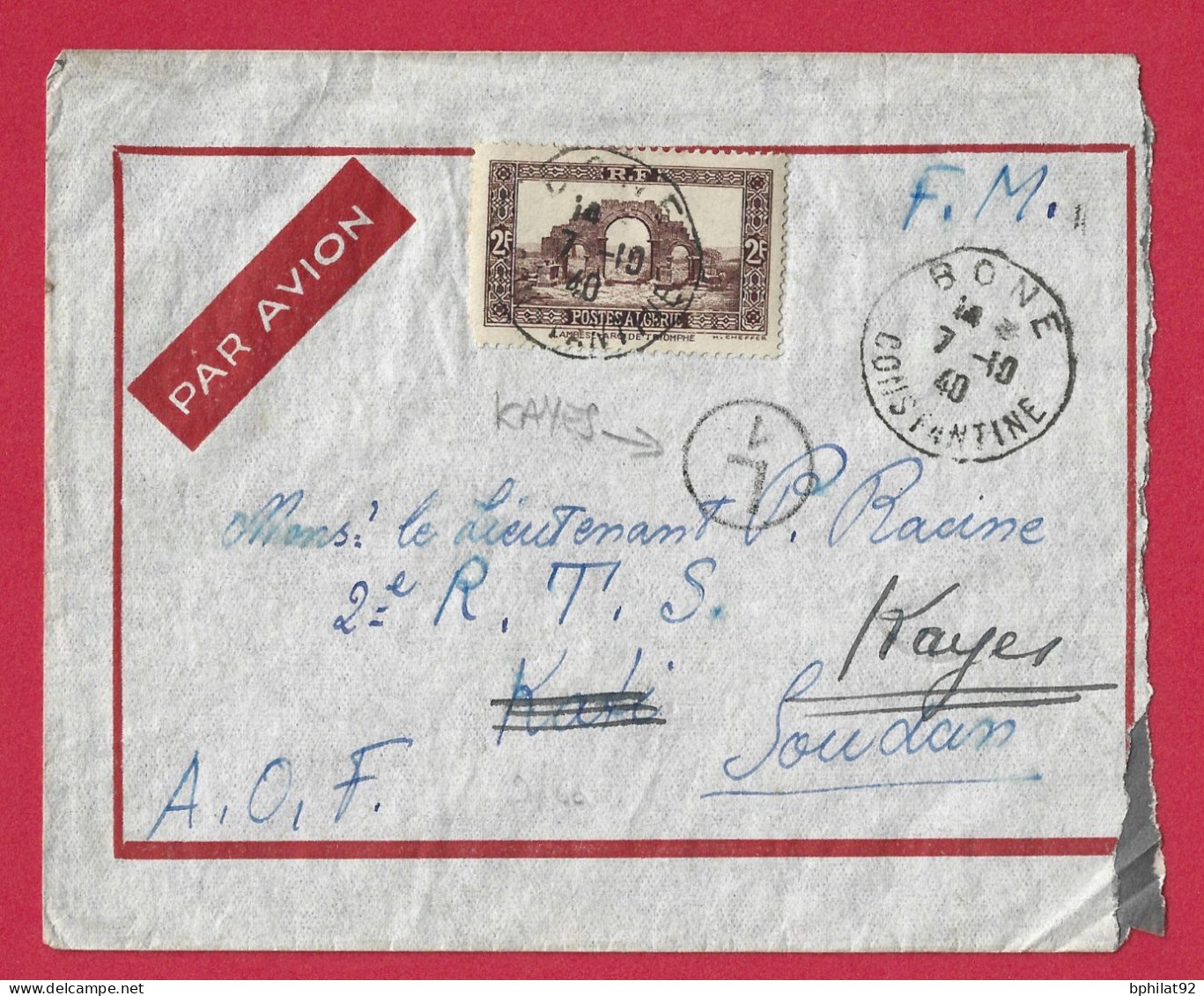 !!! ALGÉRIE, LETTRE FM PAR AVION DE BONE DE 1940 POUR KAYES, SOUDAN FRANÇAIS - Airmail