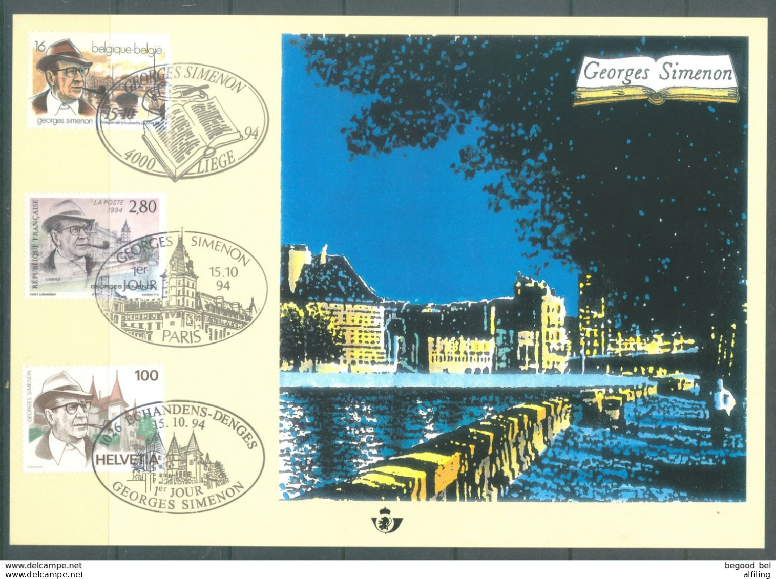 CS 2579 HK Simenon Belgique-Suisse  Cote 32.50 - Cartoline Commemorative - Emissioni Congiunte [HK]