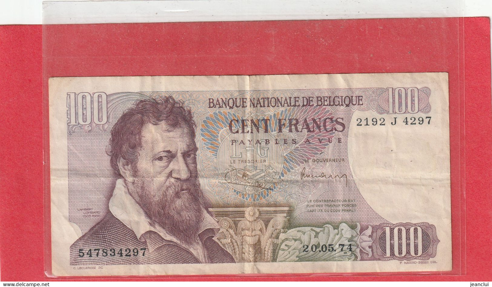 BANQUE NATIONALE DE BELGIQUE  .  100 FRANCS . 20-05-1974 .  N° 2192 J 4297  .  2 SCANNES - 100 Francos