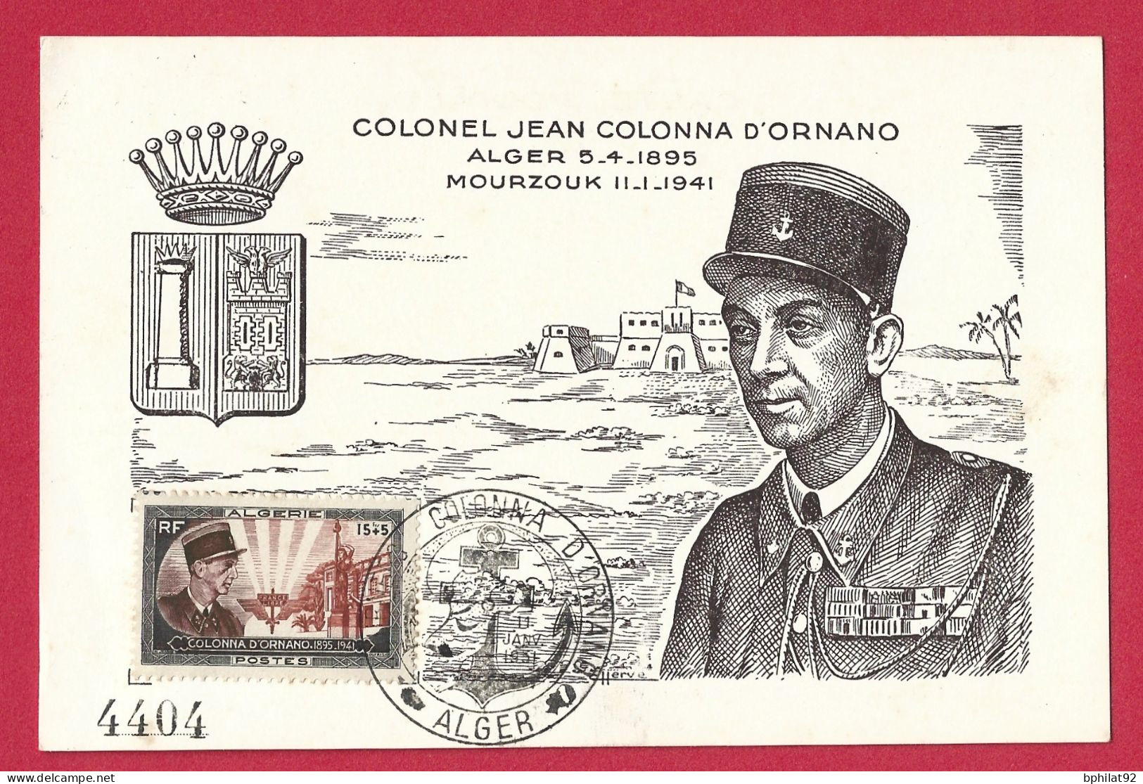 !!! ALGÉRIE, CARTE MAXIMUM DU COLONEL JEAN COLONNA D'ORNANO, VOYAGÉE, DE 1951 - Cartes-maximum