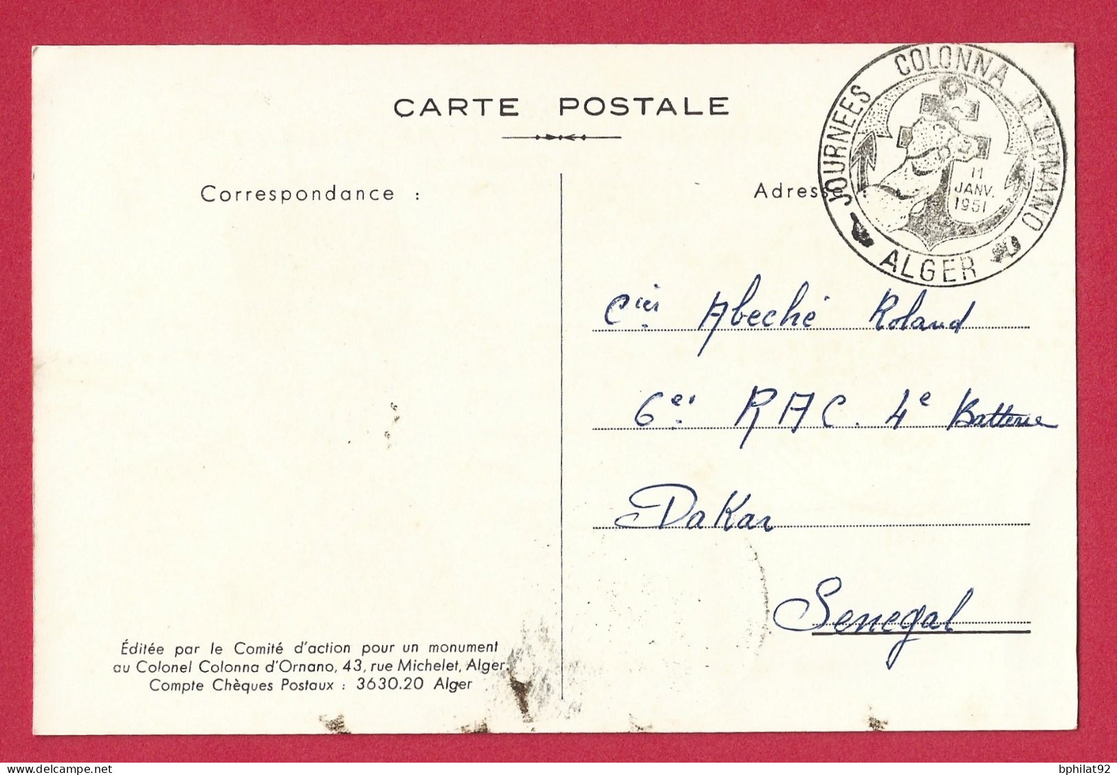 !!! ALGÉRIE, CARTE MAXIMUM DU COLONEL JEAN COLONNA D'ORNANO, VOYAGÉE, DE 1951 - Cartes-maximum