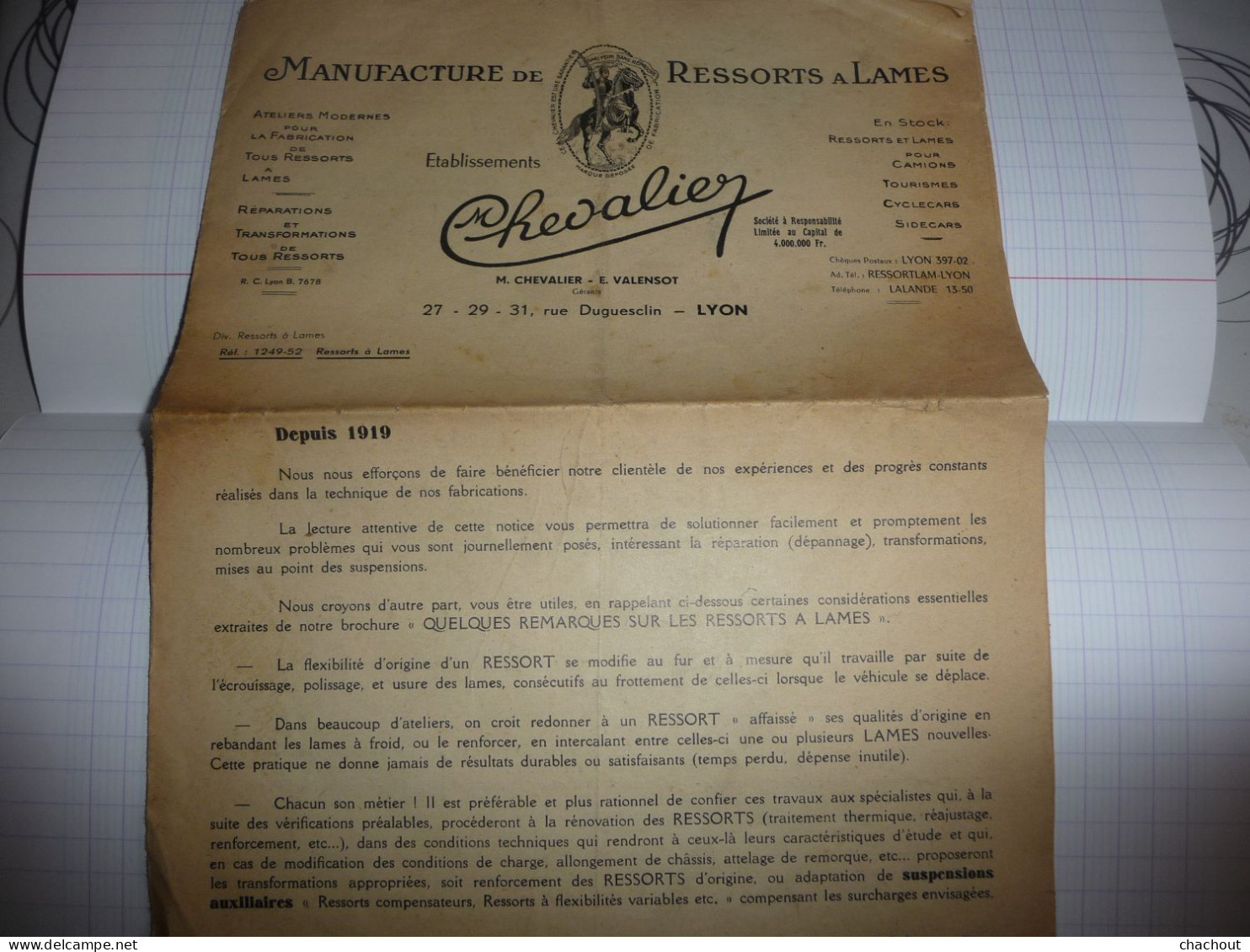 Dépliant Manufacture De Ressorts à Lames Etablissements M.Chevalier à Lyon Depuis 1919 - Pubblicitari