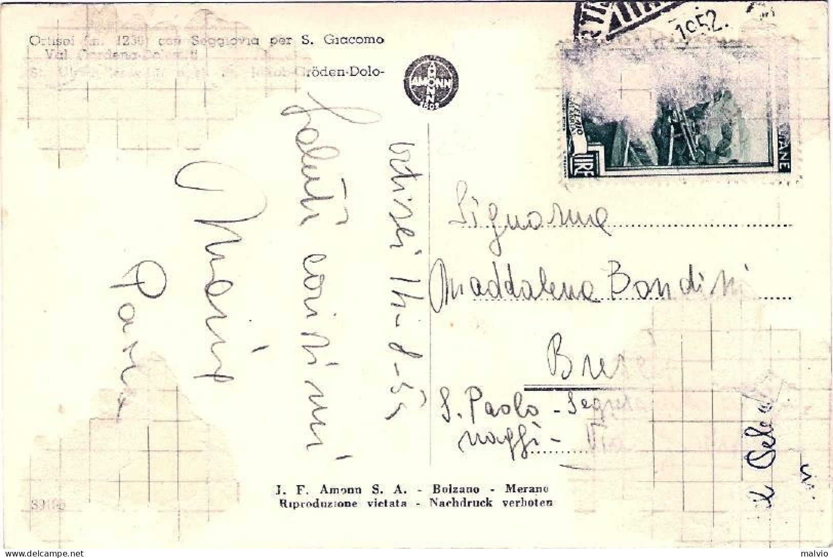 1952-cartolina Foto Ortisei Con Seggiovia Per San Giacomo - Pneumatische Post