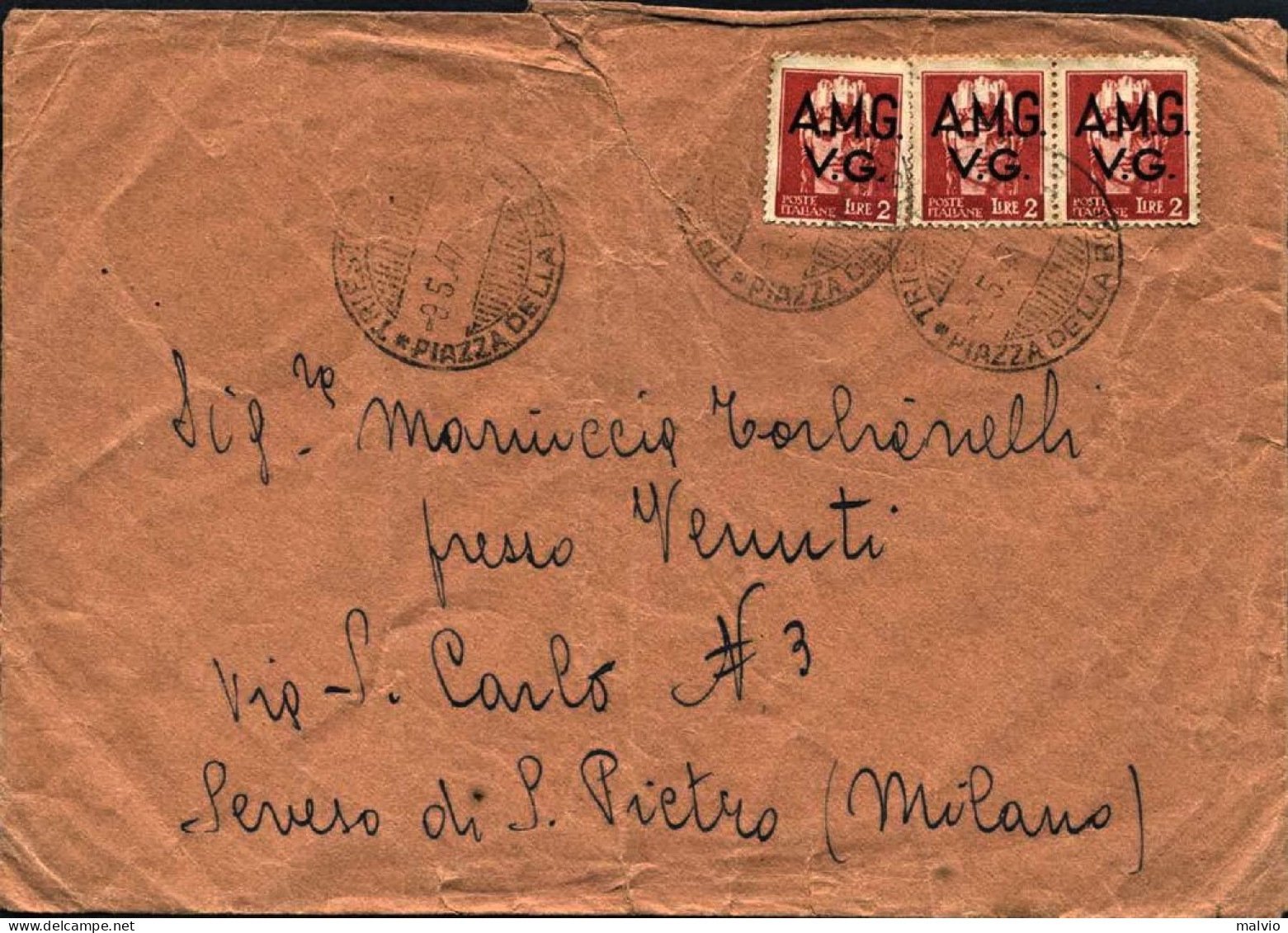 1947-Venezia Giulia Busta Affrancata Con Tre L.2 Imperiale Di Roma - Poststempel