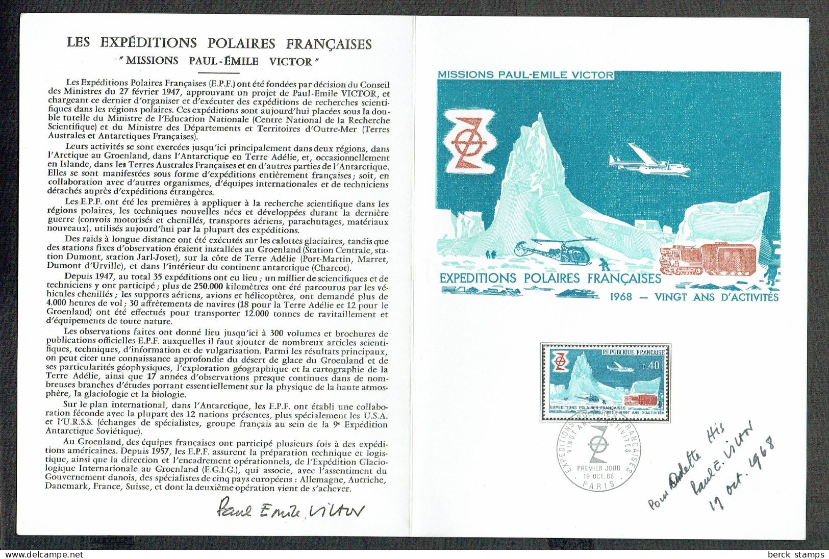 FRANCE - N°1574 - Document Avec AUTOGRAPHE ORIGINAL De Paul-Emile VICTOR - Explorateurs & Célébrités Polaires