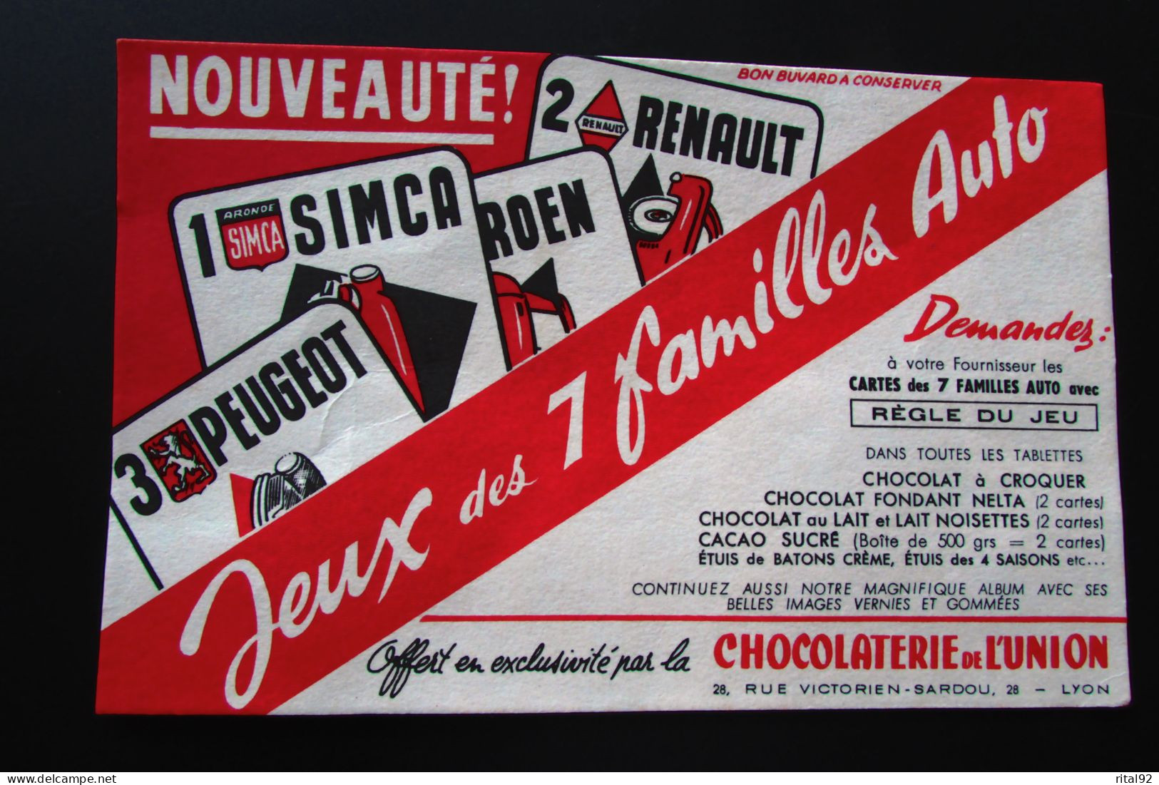 Buvard "CHOCOLATERIE De L'UNION" - Série "Jeux Des 7 Familles AUTO" - Automobil