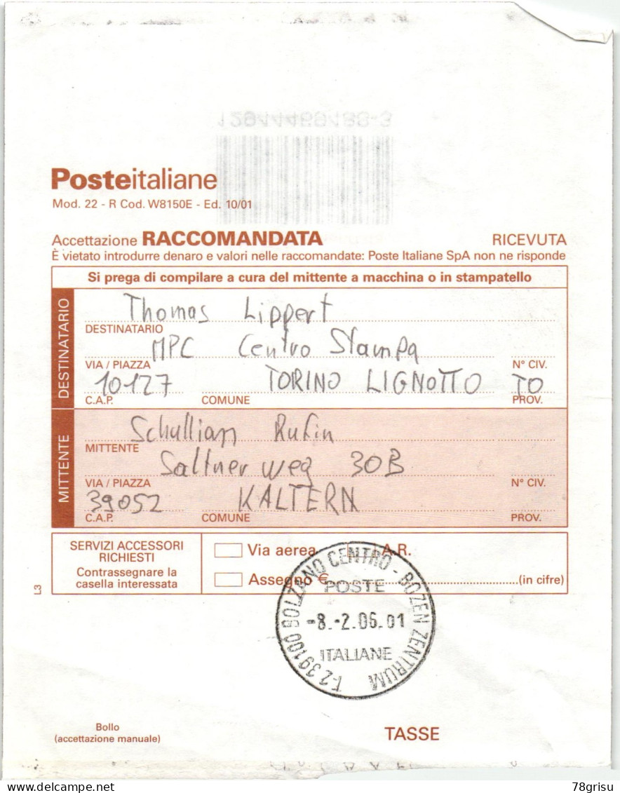 Italia, Accettazione Raccomandata Olimpiadi MPC Centro Stampa Torino Lignotto 2006 Olympic MPC - Winter 2006: Turin