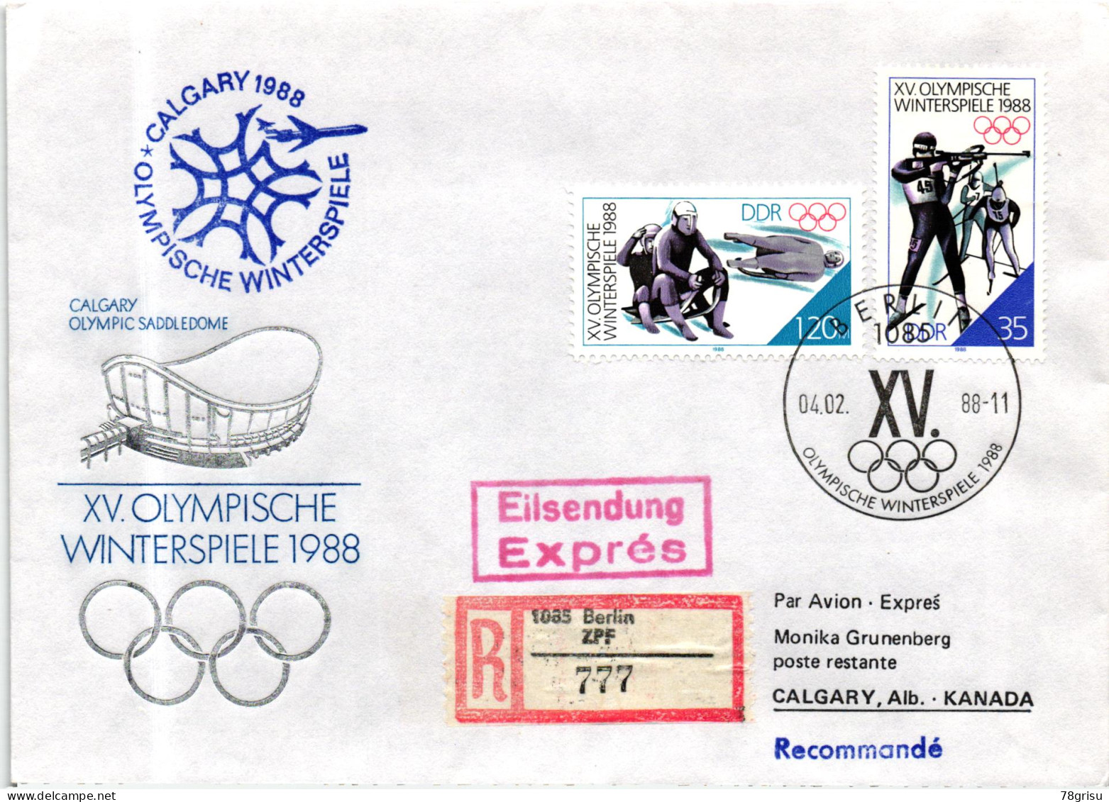 DDR Olympische Winterspiele Berlin-Calgary 1988, Luge Biathlon, Flugpost Airmail Olympic Games - Invierno 1988: Calgary