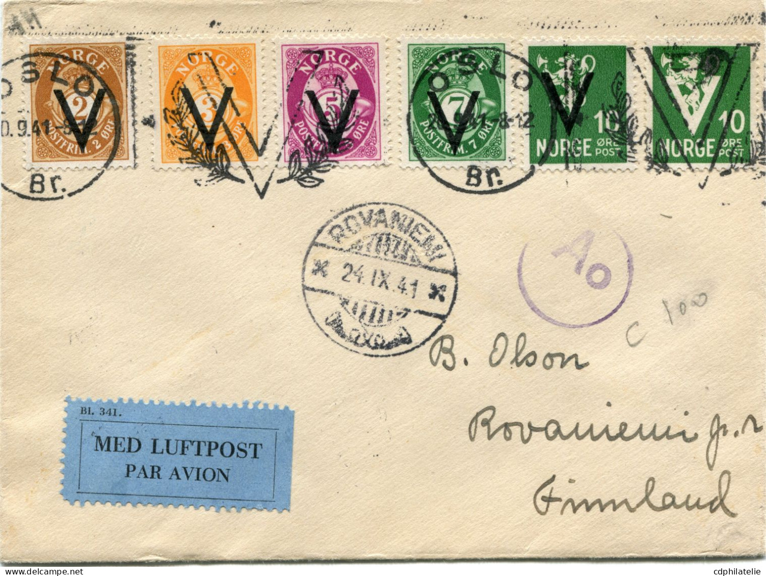 NORVEGE LETTRE PAR AVION DEPART OSLO 20-9-41 POUR LA FINLANDE - Cartas & Documentos