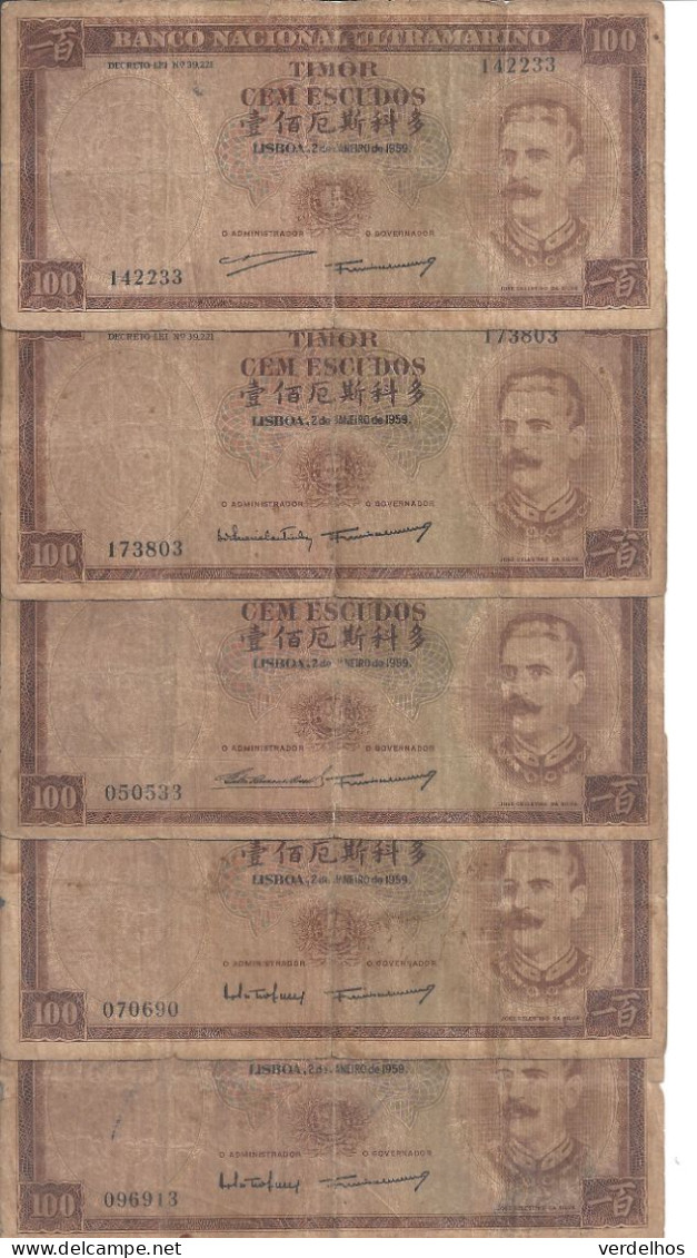 TIMOR 100 ESCUDOS 1959 VG+ P 24 ( 5 Billets ) - Hongkong