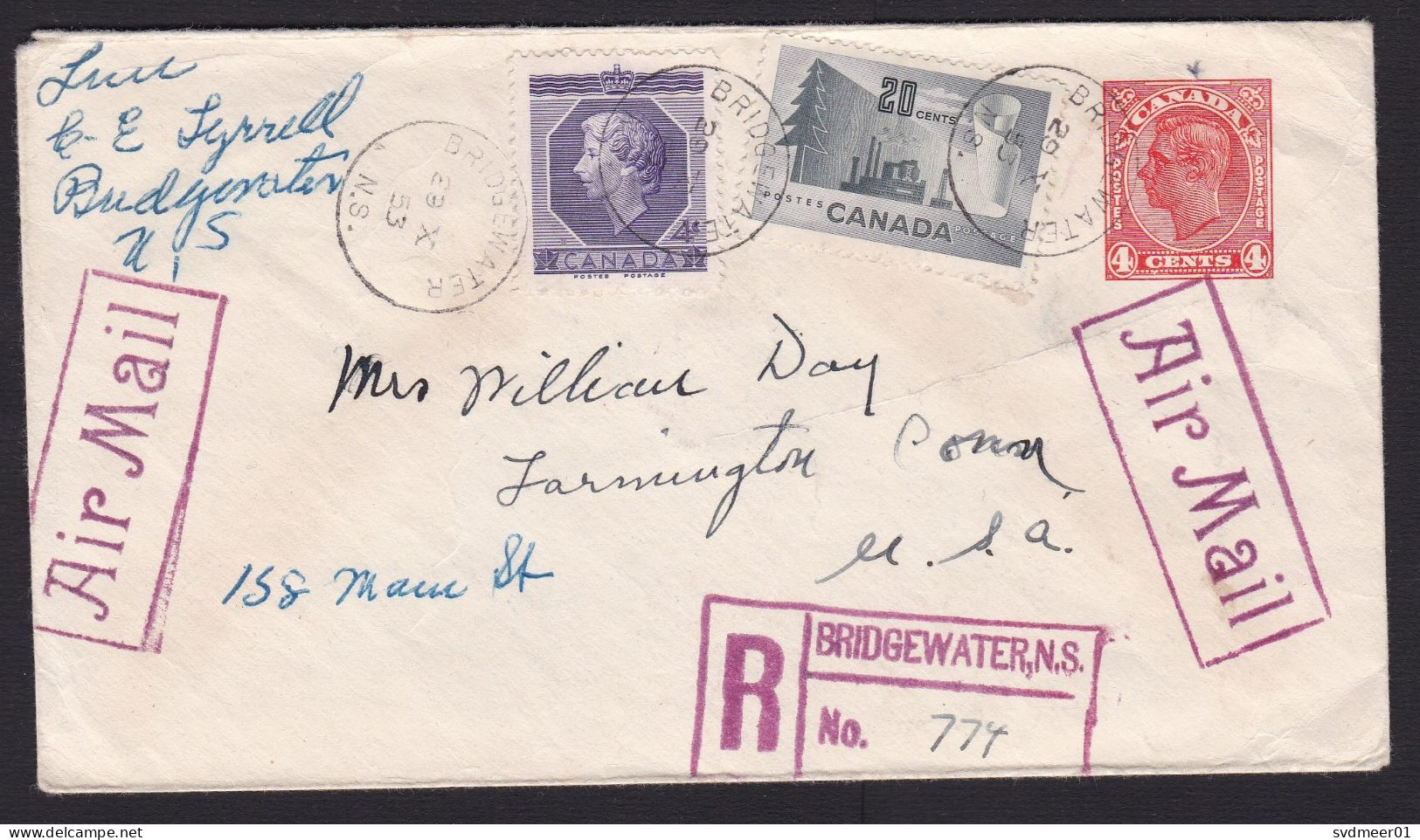 Canada: Registered Stationery Cover To USA, 1953, 2 Extra Stamps, King, Queen, Cancel Bridgewater (minor Damage) - Lettres & Documents