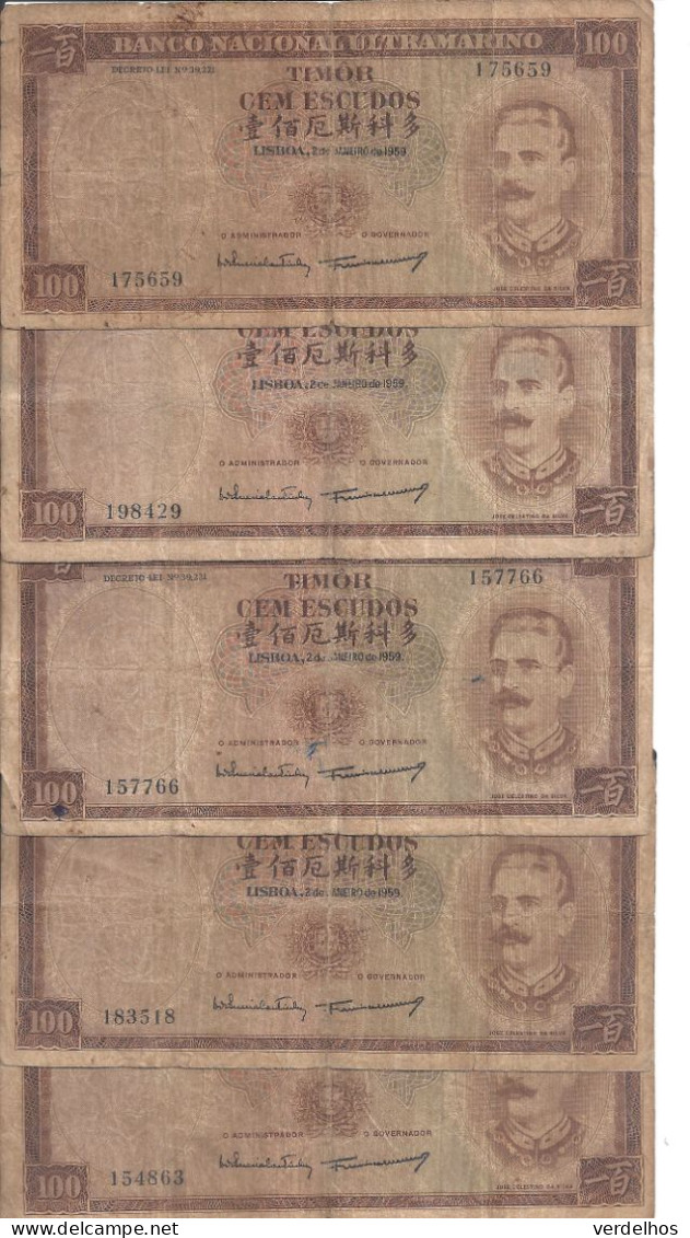TIMOR 100 ESCUDOS 1959 VG+ P 24 ( 5 Billets ) - Hongkong