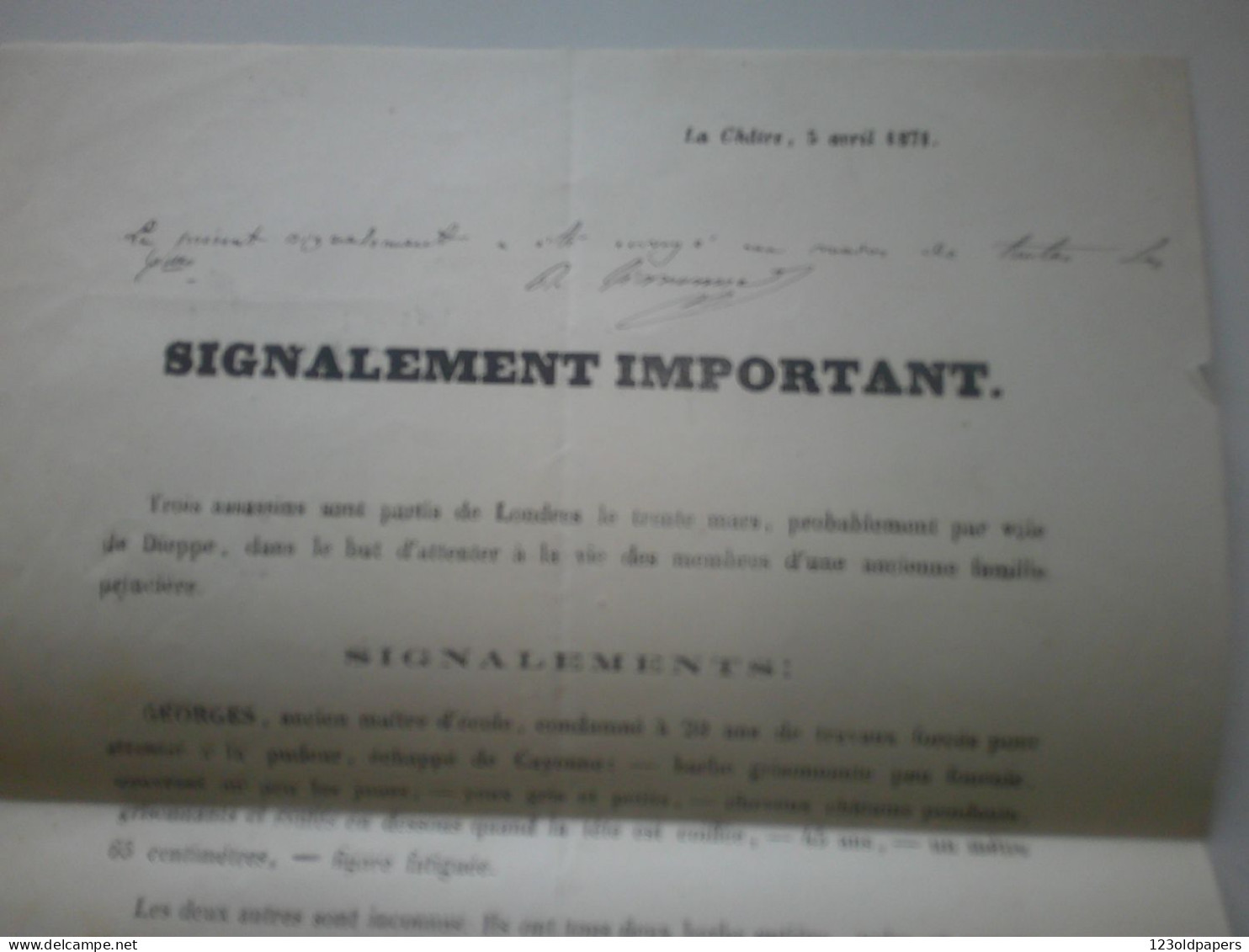 INDRE BERRY 1871 LA CHATRE AFFICHE DE SIGNALEMENT ET DE RECHERCHE DE 3 ASSASSINS PARTIS DE LONDRES - Documents Historiques