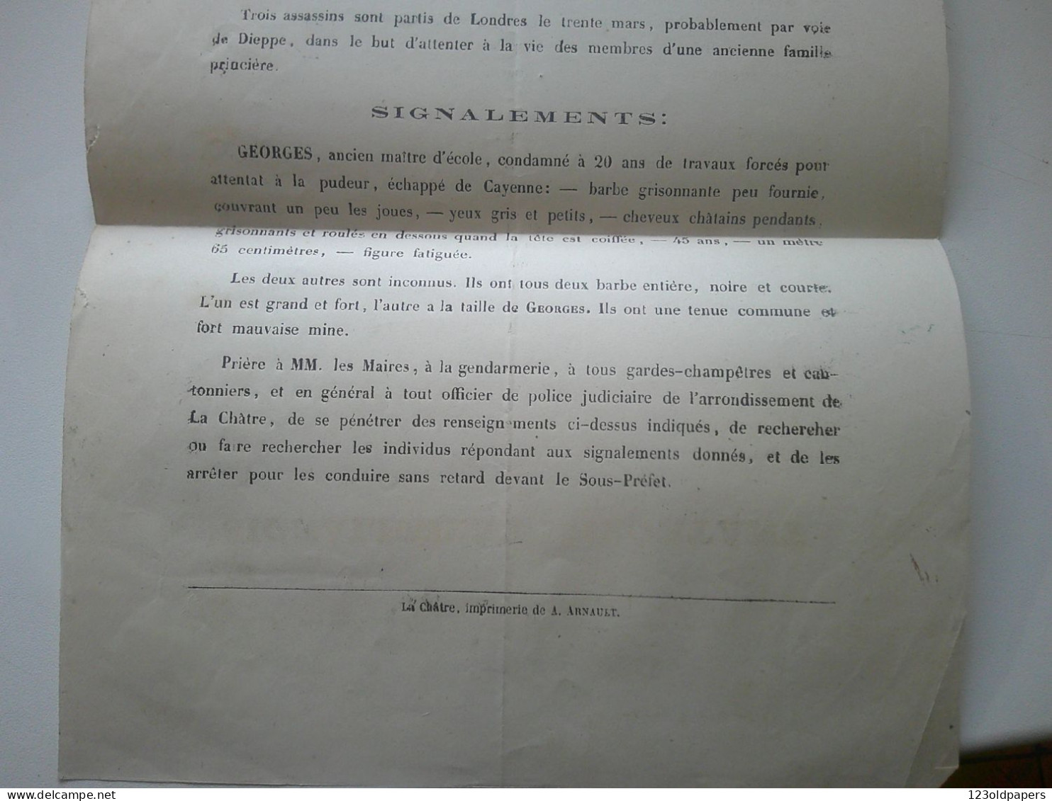 INDRE BERRY 1871 LA CHATRE AFFICHE DE SIGNALEMENT ET DE RECHERCHE DE 3 ASSASSINS PARTIS DE LONDRES - Documents Historiques