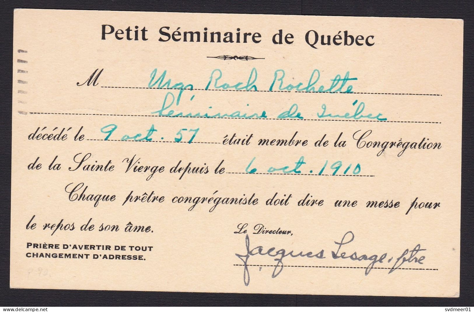 Canada: Stationery Postcard, 1957, Queen, Cancel Quebec, Private Imprint Seminaire, Congregation (minor Discolouring) - Covers & Documents