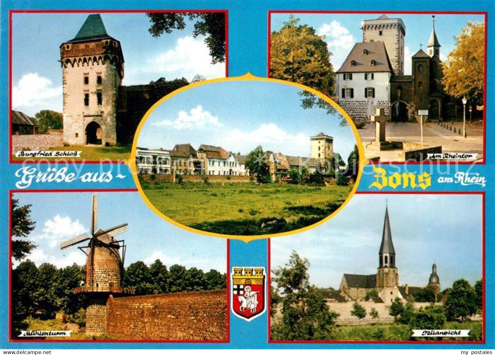 73082336 Zons Burgfried Schloss Rheintor Muehlenturm Kirche Zons - Dormagen