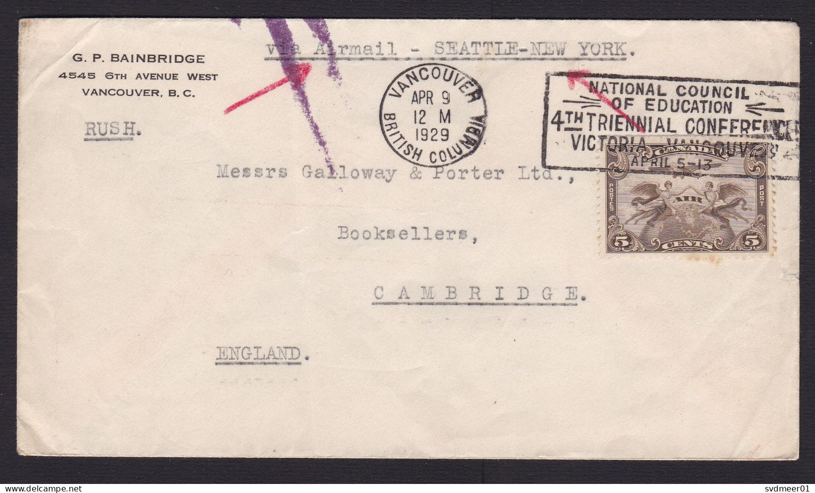 Canada: Airmail Cover To UK, 1929, 1 Stamp, Air Seattle - New York Only, Jusqu'a Bar Cancel, Aviation (damaged At Back) - Lettres & Documents