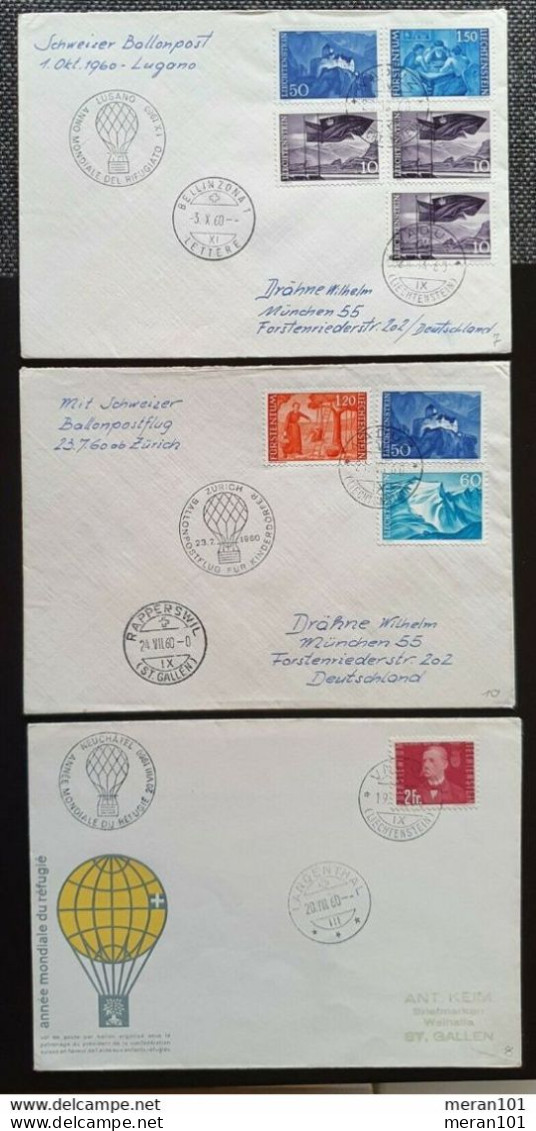 Liechtenstein 1960, Briefe BALLONPOST Lugano, Zürich, Neuchatel VADUZ - Poste Aérienne