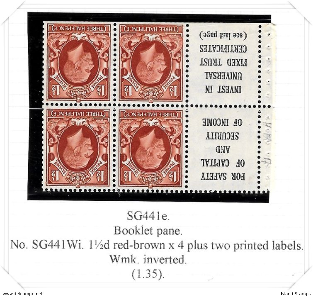 SG. 441ew 1½d Red - Brown. An Unmounted Mint Booklet Pane Of Six Hrd4 - Neufs