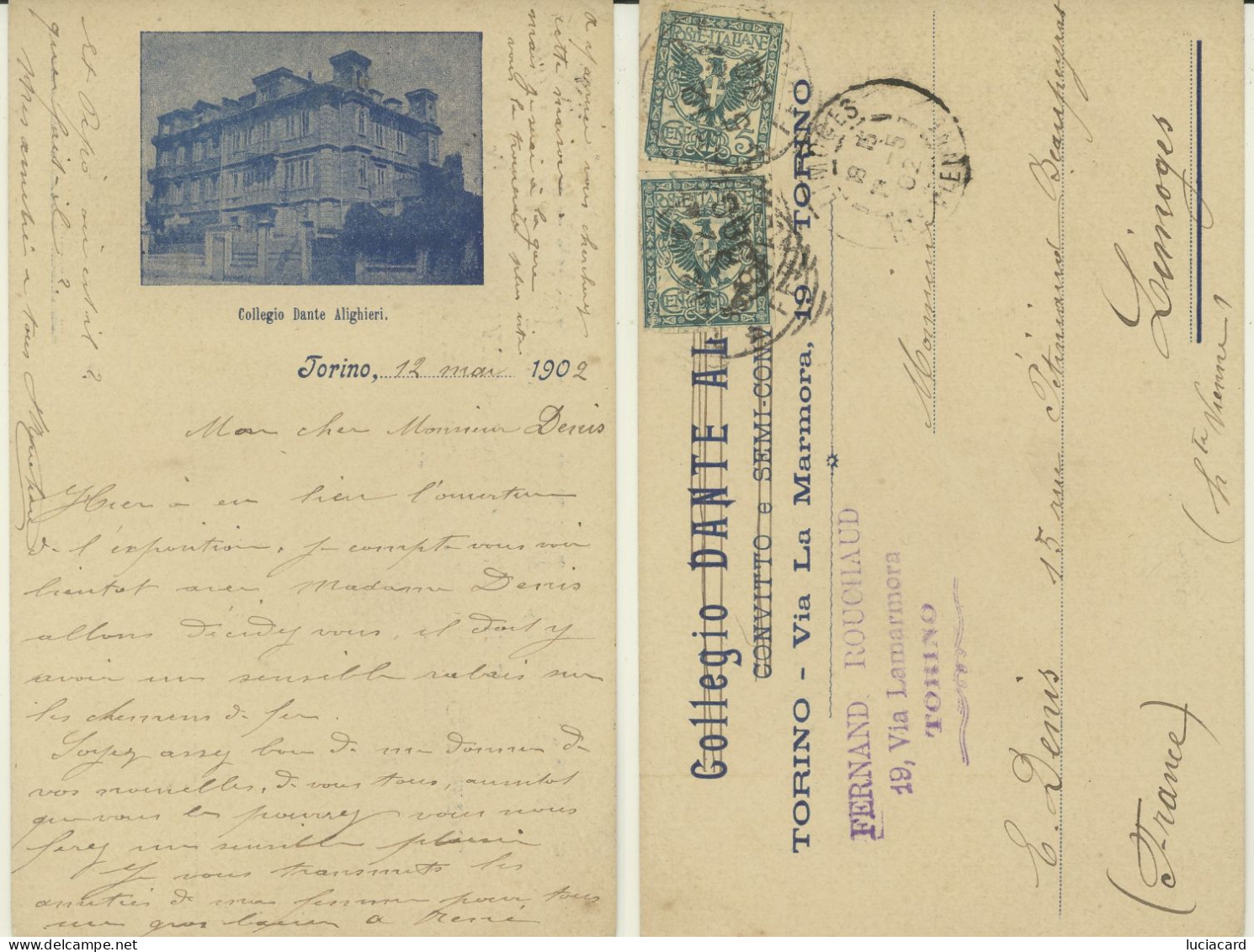 TORINO 1902 COLLEGIO DANTE ALIGHIERI RARA CARTOLINA - Education, Schools And Universities