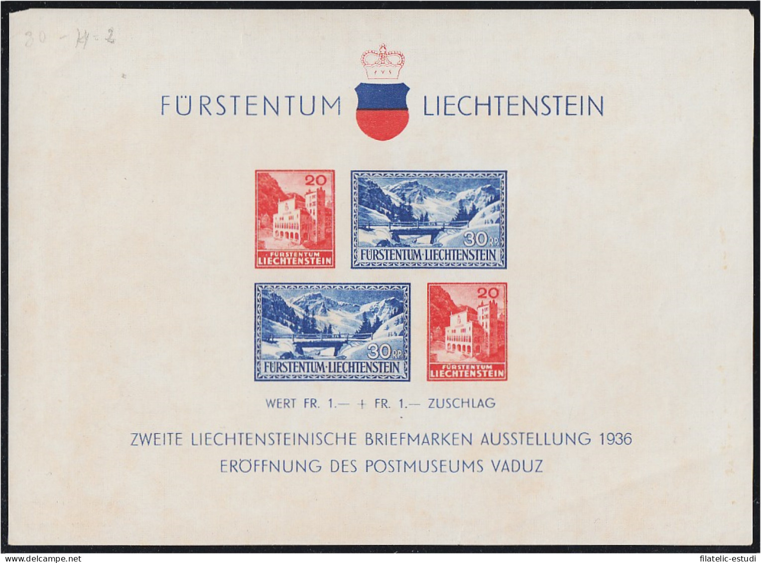 Liechtenstein HB 2 1936 Inauguración Del Museo Postal De Vaduz  MNH - Sonstige & Ohne Zuordnung