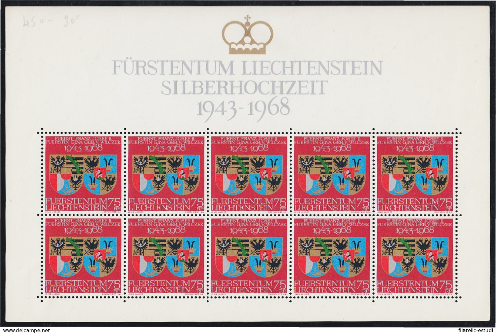 Liechtenstein 450 1968 Minihojita Boda De Plata De La Pareja Principesca MNH - Andere & Zonder Classificatie