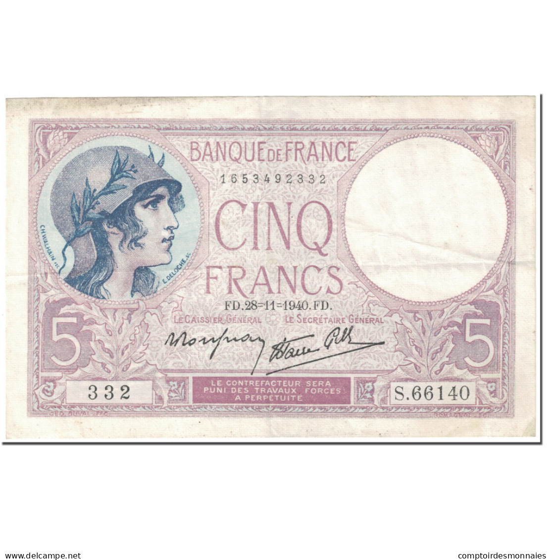 France, 5 Francs, Violet, 1940, 1940-11-28, TTB, Fayette:4.15, KM:83 - 5 F 1917-1940 ''Violet''