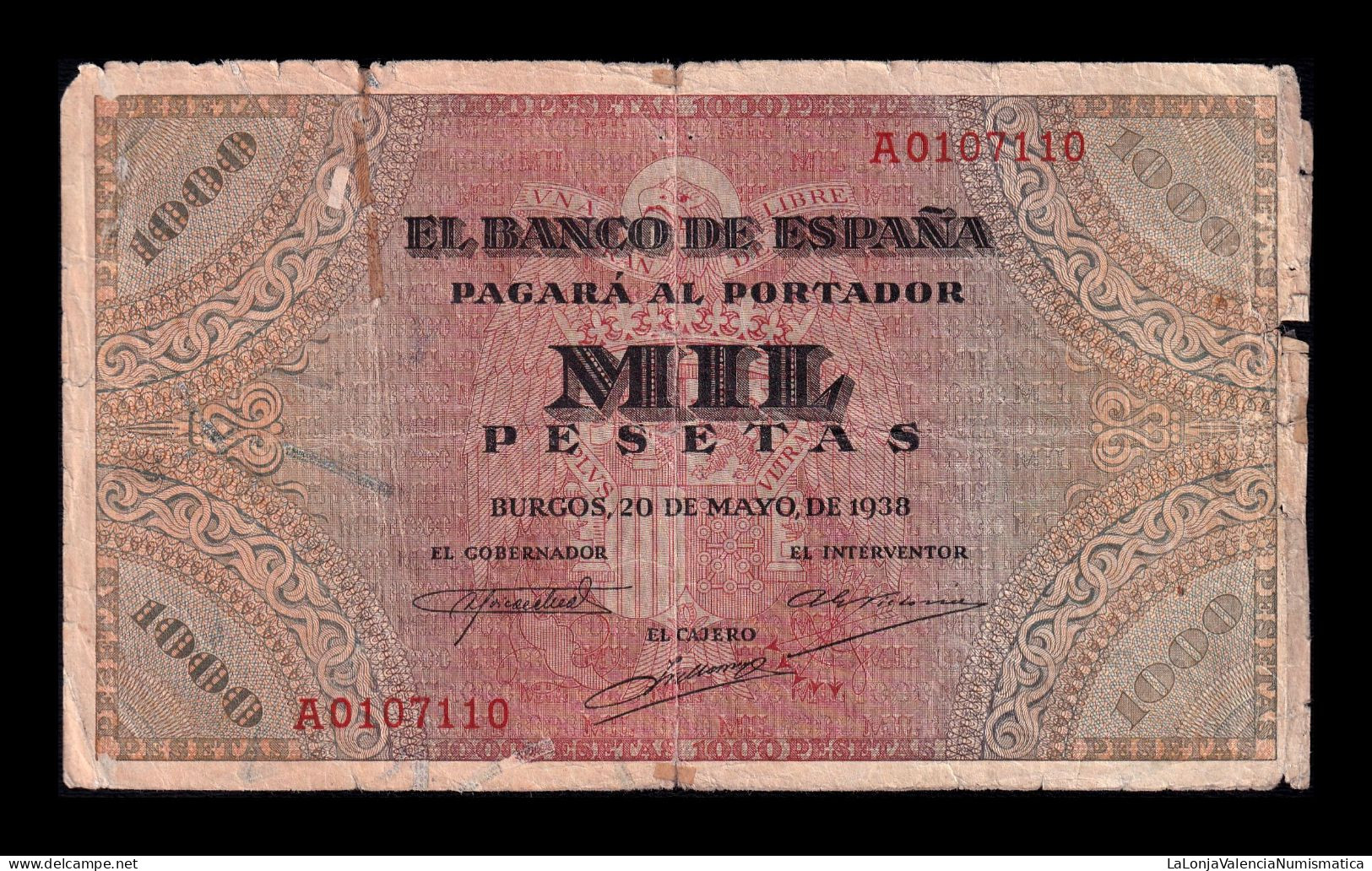 España Spain 1000 Pesetas Burgos 1938 Pick 115 Serie A Bc/+ F/+ - 1000 Peseten