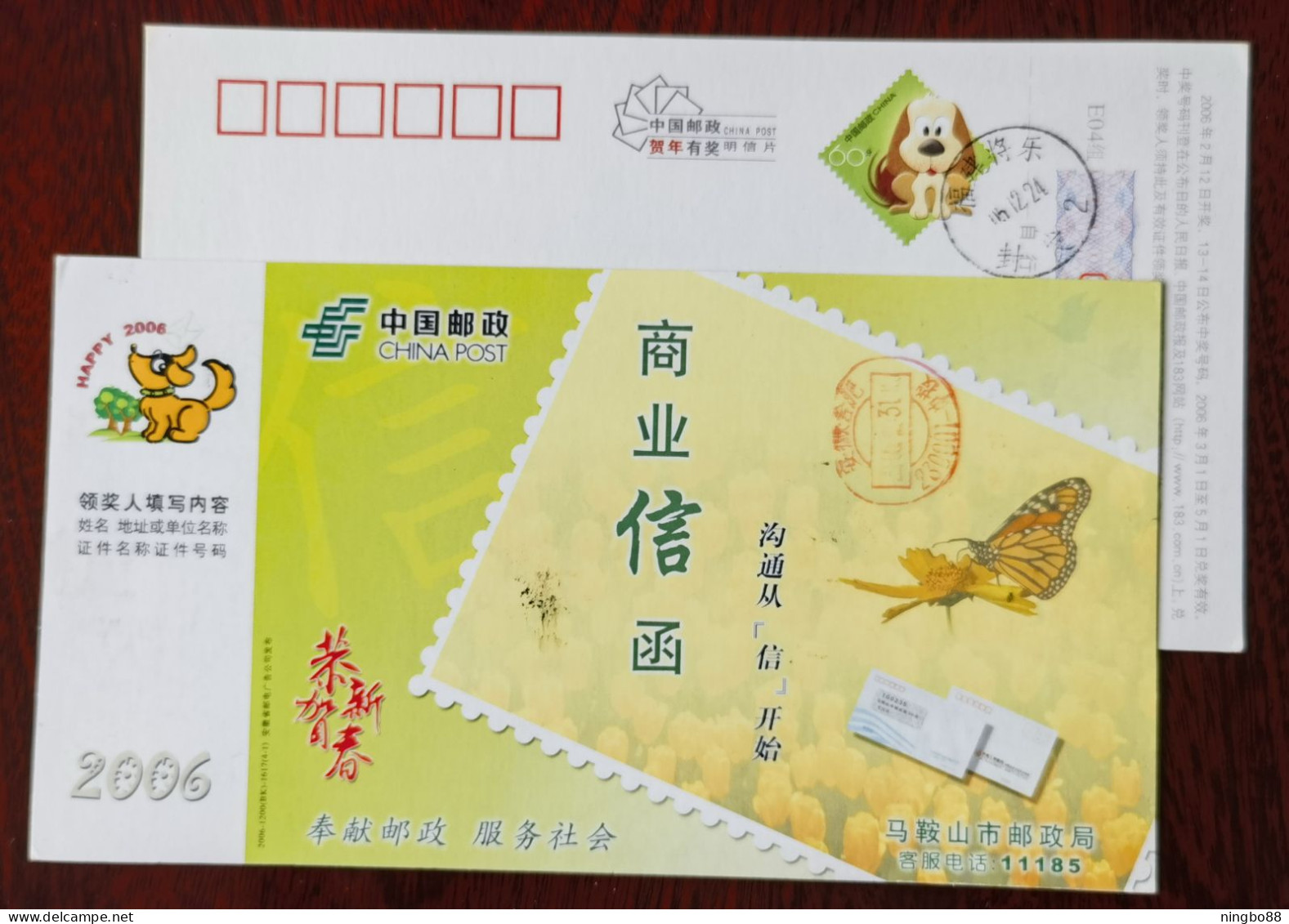 Butterfly & Chrysanthemum Flower,China 2006 Ma'anshan Post Office Business Letters Advertising Pre-stamped Card - Vlinders