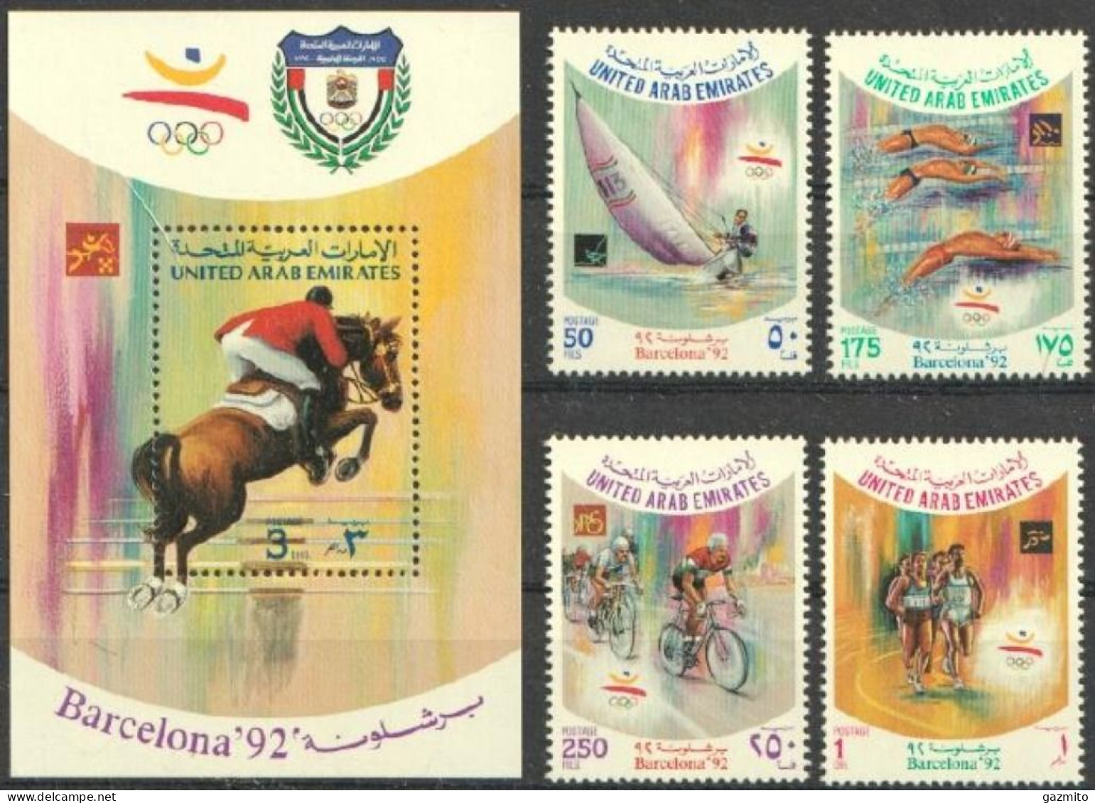 Emirates 1992, Olympic Games In Barcellona, Shipping, Swimming, Cycling, Athletic, Horse Race, 4val +BF - Vela