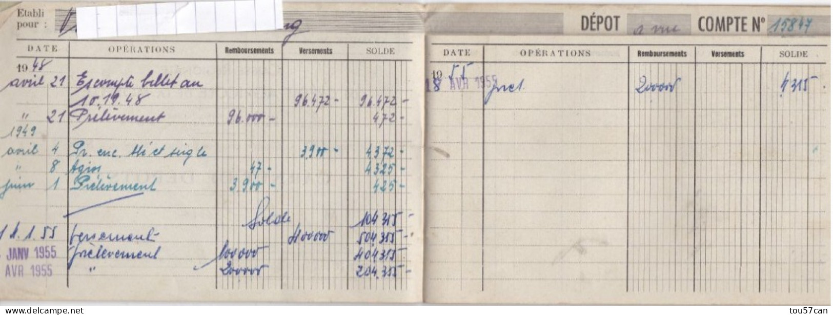 CREDIT AGRICOLE DE LA MOSELLE  -  METZ  -  MOSELLE  (57)   -  CARNET DE DEPÔTS  DE  1948  EN EXCELLENT ETAT. - Bank & Versicherung