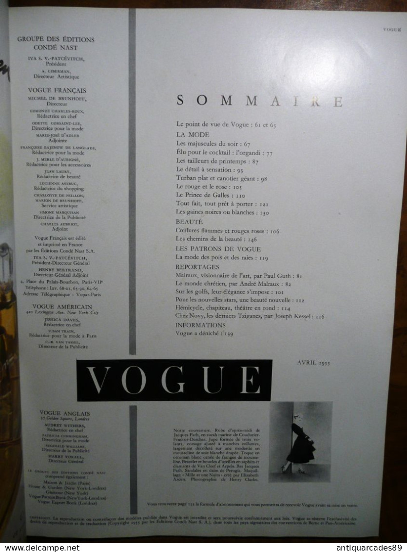 Revue VOGUE AVRIL 1955 - Mode