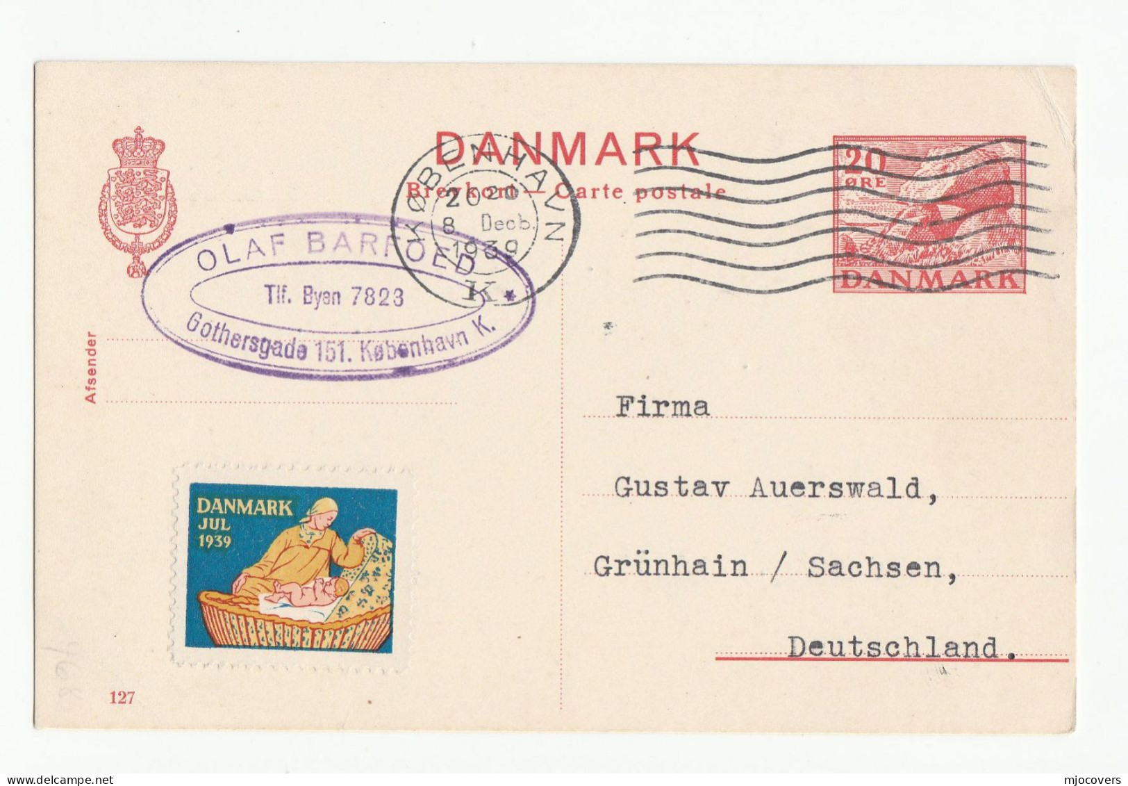 1939 DENMARK To Grunhain Germany With CHRISTMAS Label Women Baby POSTAL STATIONERY CARD Cover Stamps - Ganzsachen