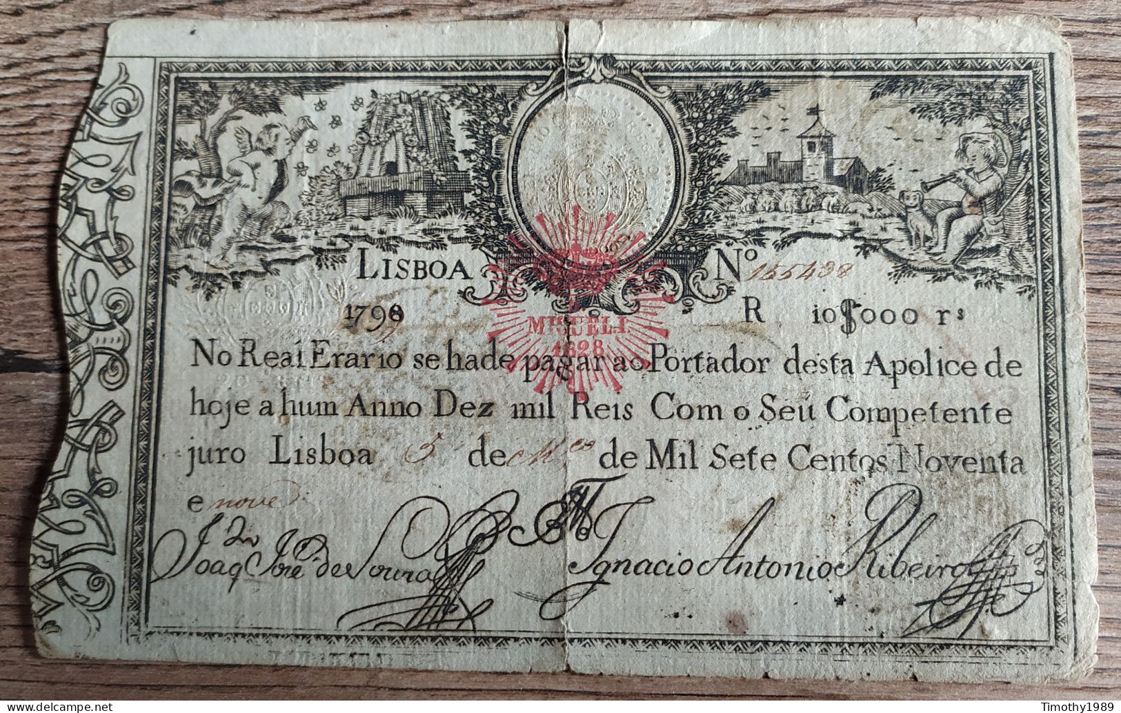 P# 13 - 10 000 Reis Portugal 1799 - VG/F - EXTREMELY RARE NOTE WITH NICE STAMPS!! - Portugal
