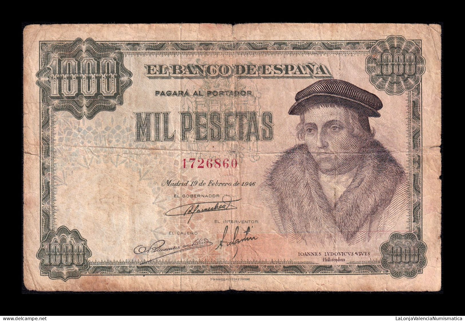 España Spain 1000 Pesetas Luis Vives 1946 Pick 133 Sin Serie Bc F - 1000 Pesetas