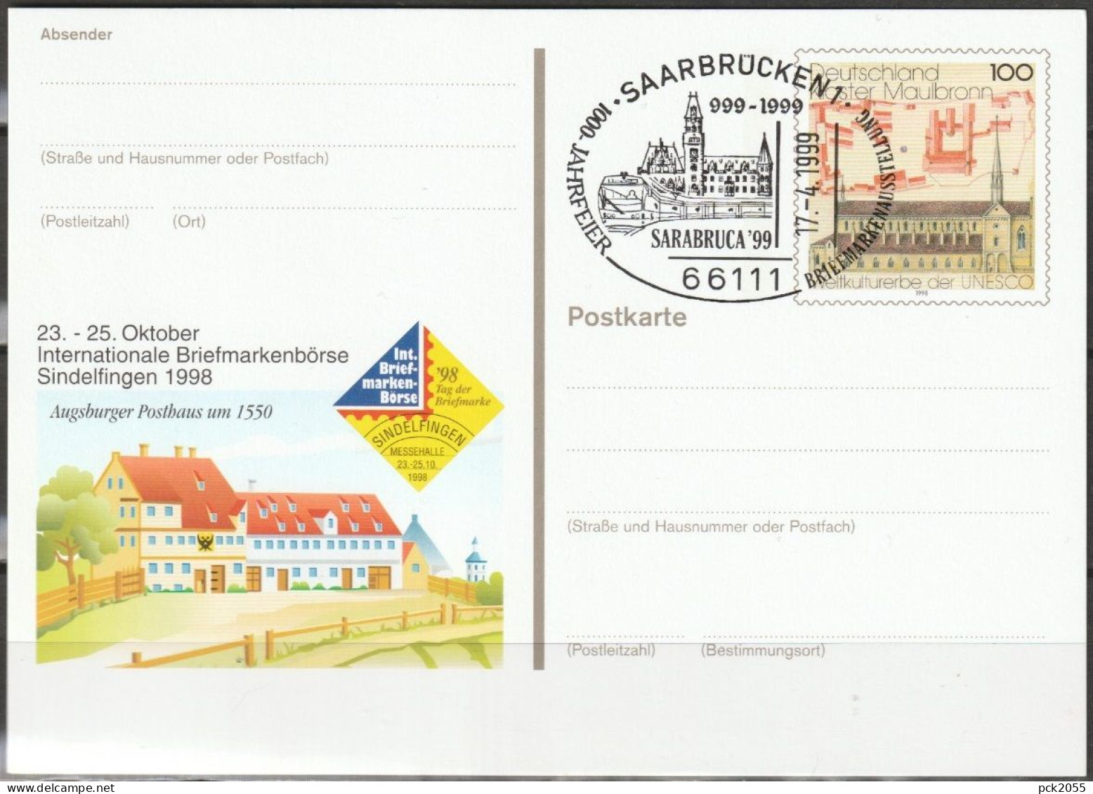 BRD Ganzsache 1998 PSo55 Briefmarkenbörse Sindelfingen SST.18.4.99 Saarbrücken 1000Jahrfeier (d 6493) - Cartoline - Usati