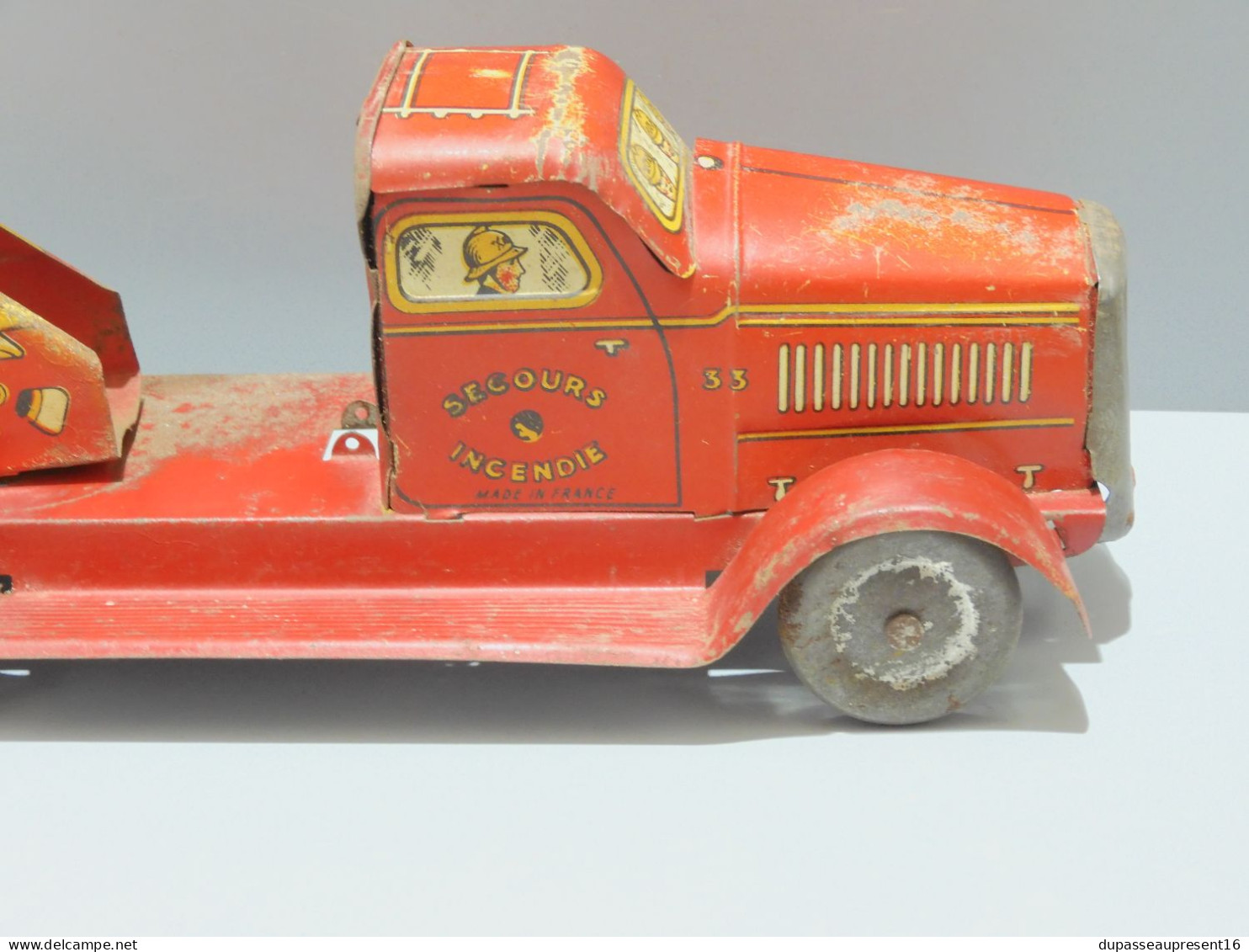 -ANCIEN CAMION De POMPIER En Tôle Rouge Avec échelle Fabrication Française     E - Giocattoli Antichi