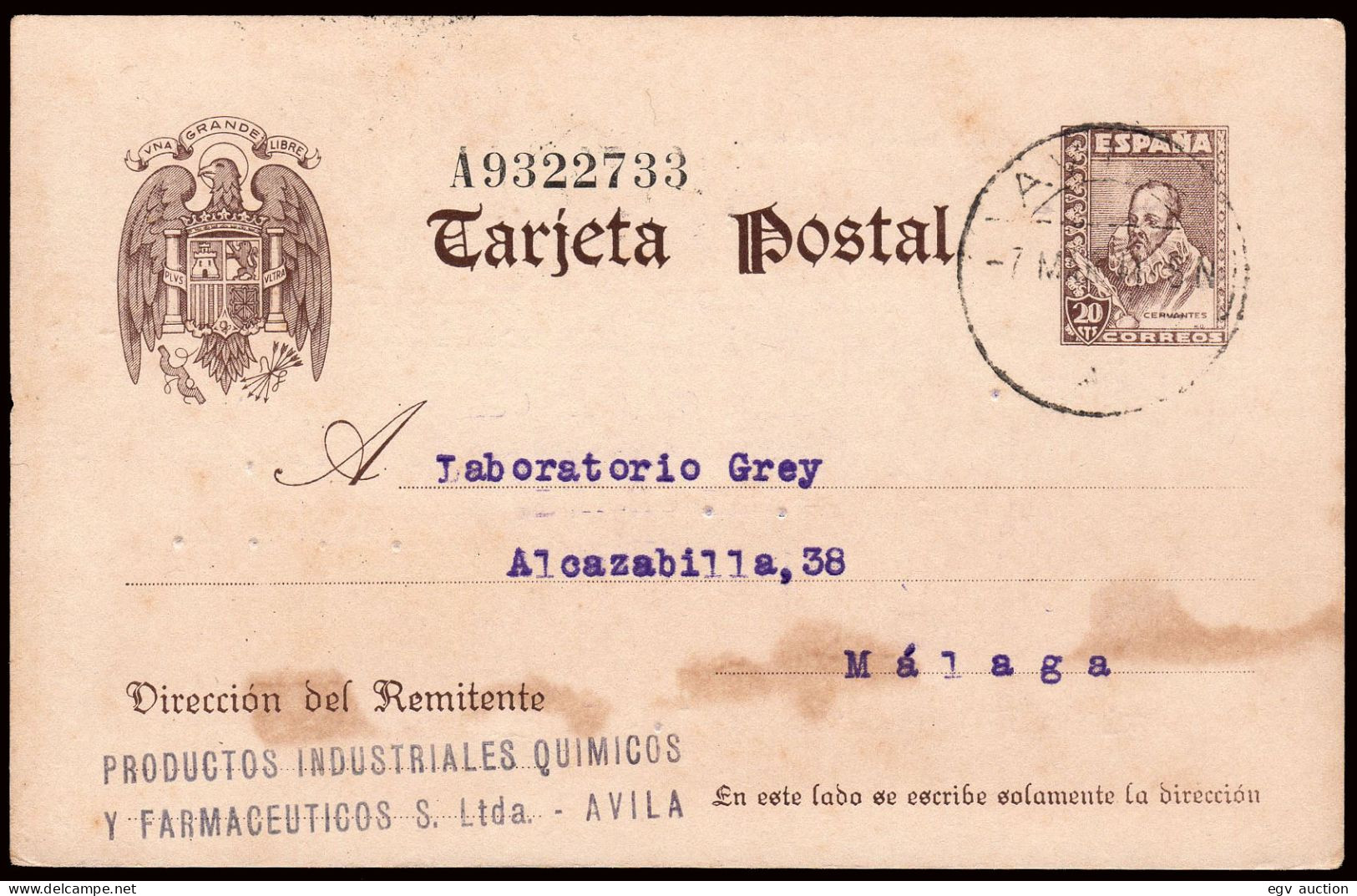 Ávila - Edi O EP 86 - Entero Postal Mar "Ávila 7/3/41" A Málaga - 1931-....