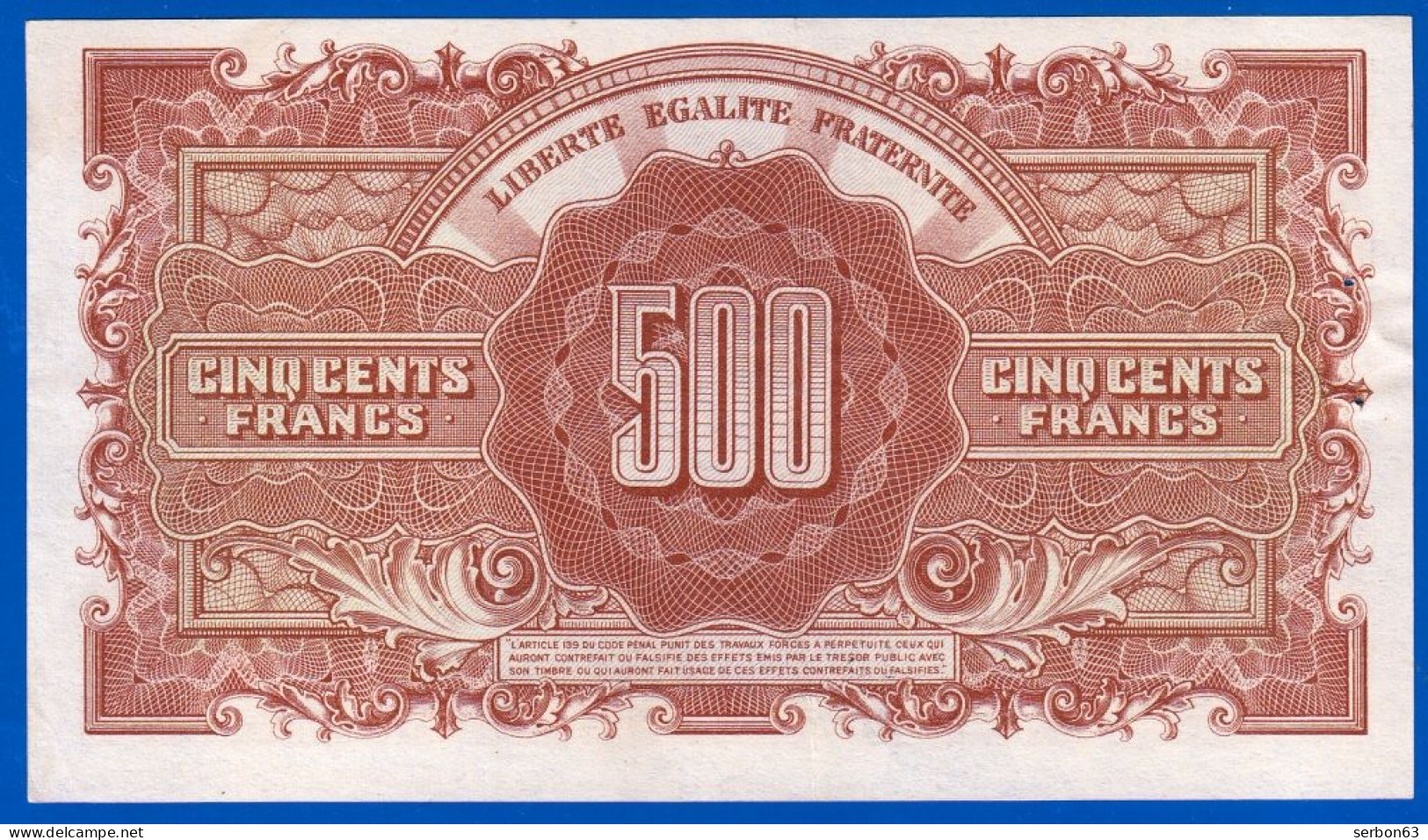 BILLET DU TRÉSOR 500 FRANCS MARIANNE TYPE 4 JUIN 1945 RÉPUBLIQUE FRANÇAISE N° 61 L 172316 (1 PLI + 2 TROUS) - 1943-1945 Marianna