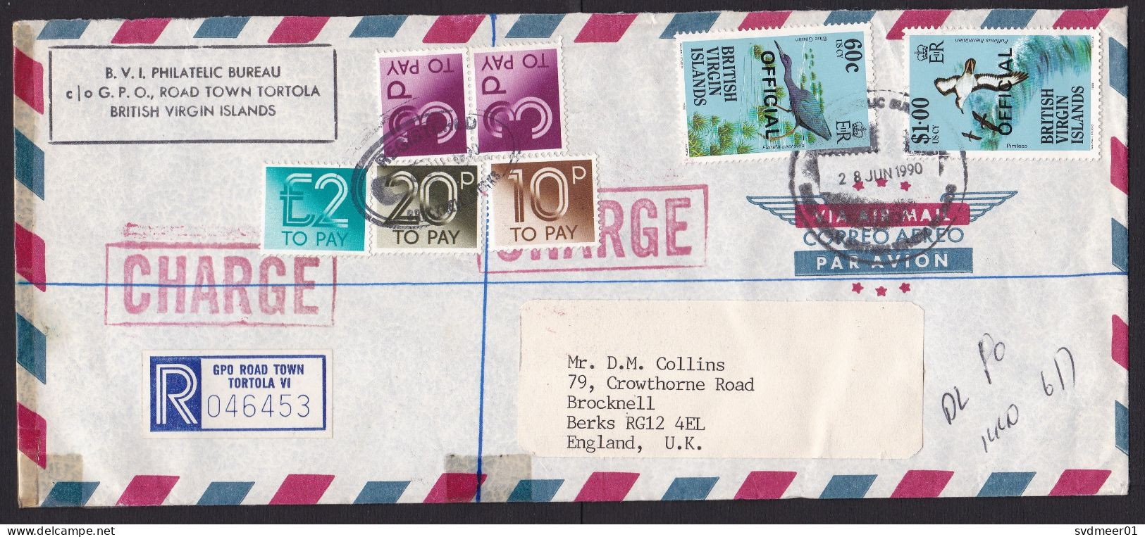 British Virgin Islands: Cover To UK, 1990, 2 Stamps, 5x Due Stamp, 3x Label, Charge, Customs, Taxed (minor Discolouring) - British Virgin Islands
